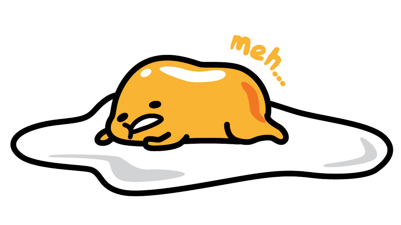 Gudetama Aesthetic 桌布 壁紙 — 一個懶惰的黃色卡通雞蛋角色平躺在白色表面上，表情無聊，上方漂浮著「meh」這個詞。