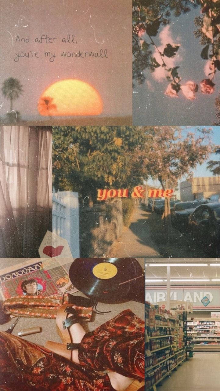 vintage 90s aesthetic 桌布 壁紙 — 一個懷舊拼貼，包含日落、玫瑰、黑膠唱片和超市通道，並帶有復古濾鏡效果。