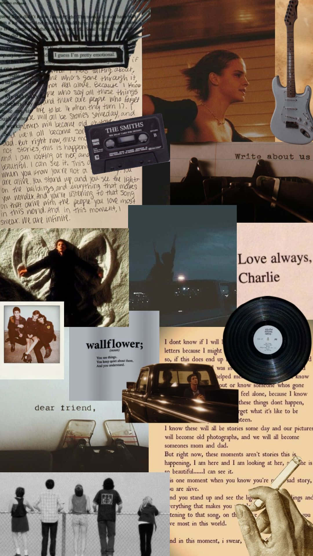 Mixtape 桌布 壁紙 — 一個懷舊拼貼畫，包含手寫信、卡式錄音帶、黑膠唱片和復古照片，喚起溫馨回憶。
