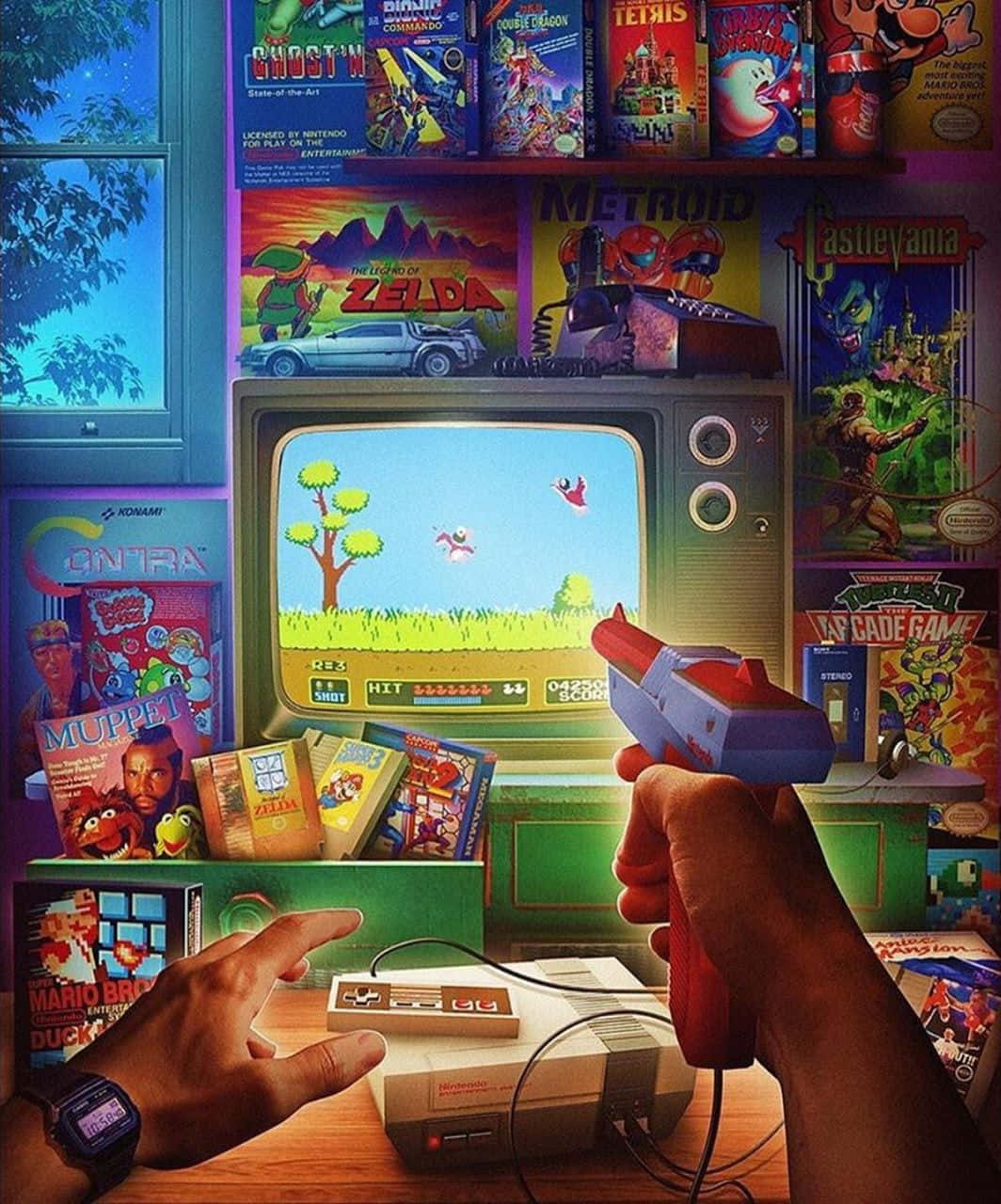 Retro 桌布 壁紙 — 一個懷舊的90年代遊戲設置，雙手握著N64控制器和光線槍，周圍環繞著經典遊戲盒和顯示像素遊戲的CRT電視。