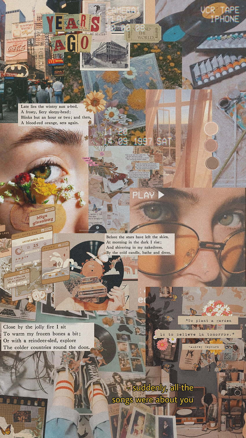 Vintage Collage 桌布 壁紙 — 一個懷舊的拼貼畫，包含復古照片、文字片段和紀念品，以分層剪貼簿風格排列。