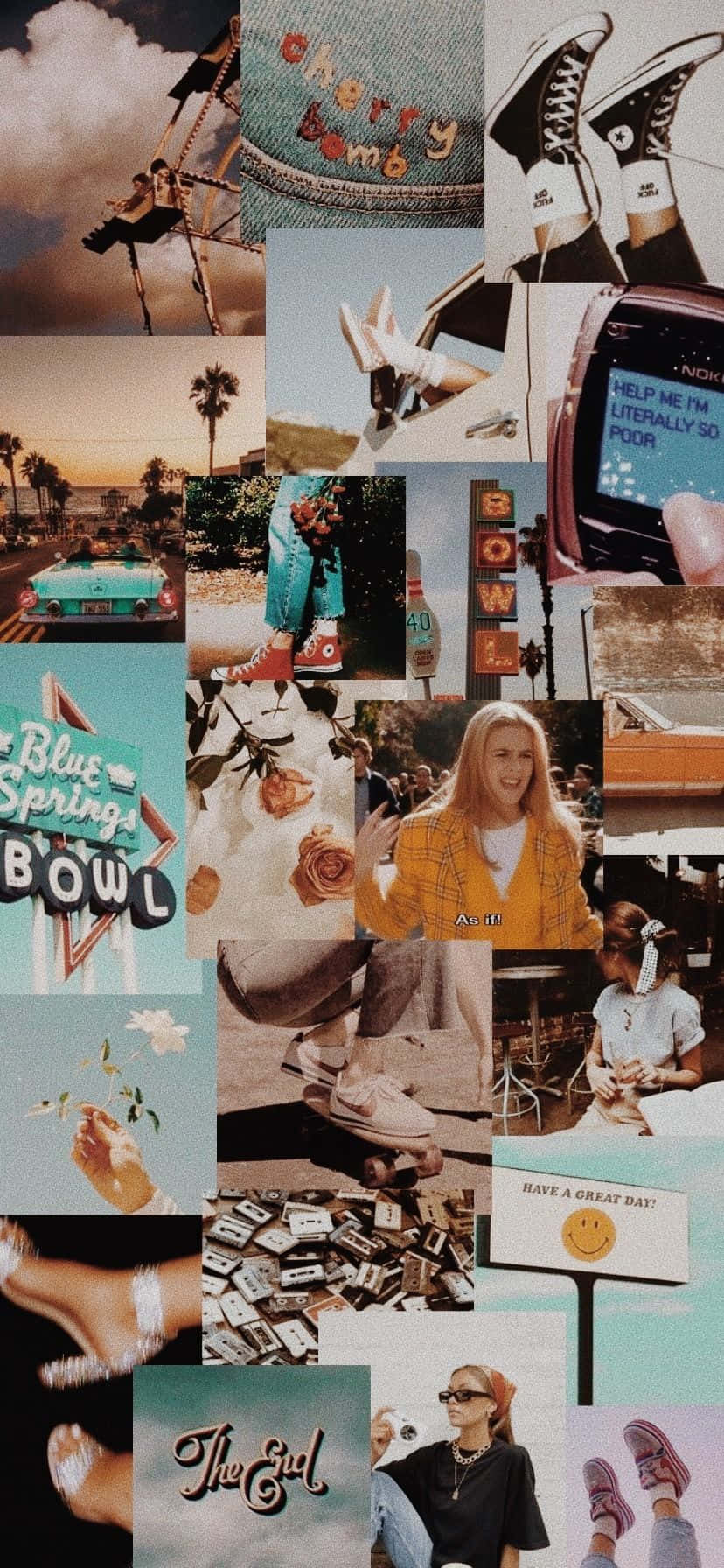 Vintage Collage 桌布 壁紙 — 一個懷舊的拼貼畫，展現了90年代復古青少年文化，包括運動鞋、復古汽車、卡式錄音帶和手寫筆記。