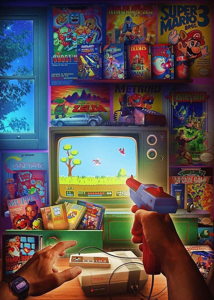Gaming Art 桌布 壁紙 — 一個懷舊的第一人稱視角，雙手拿著 NES 控制器在復古電視上玩遊戲，周圍環繞著色彩繽紛的復古遊戲盒。