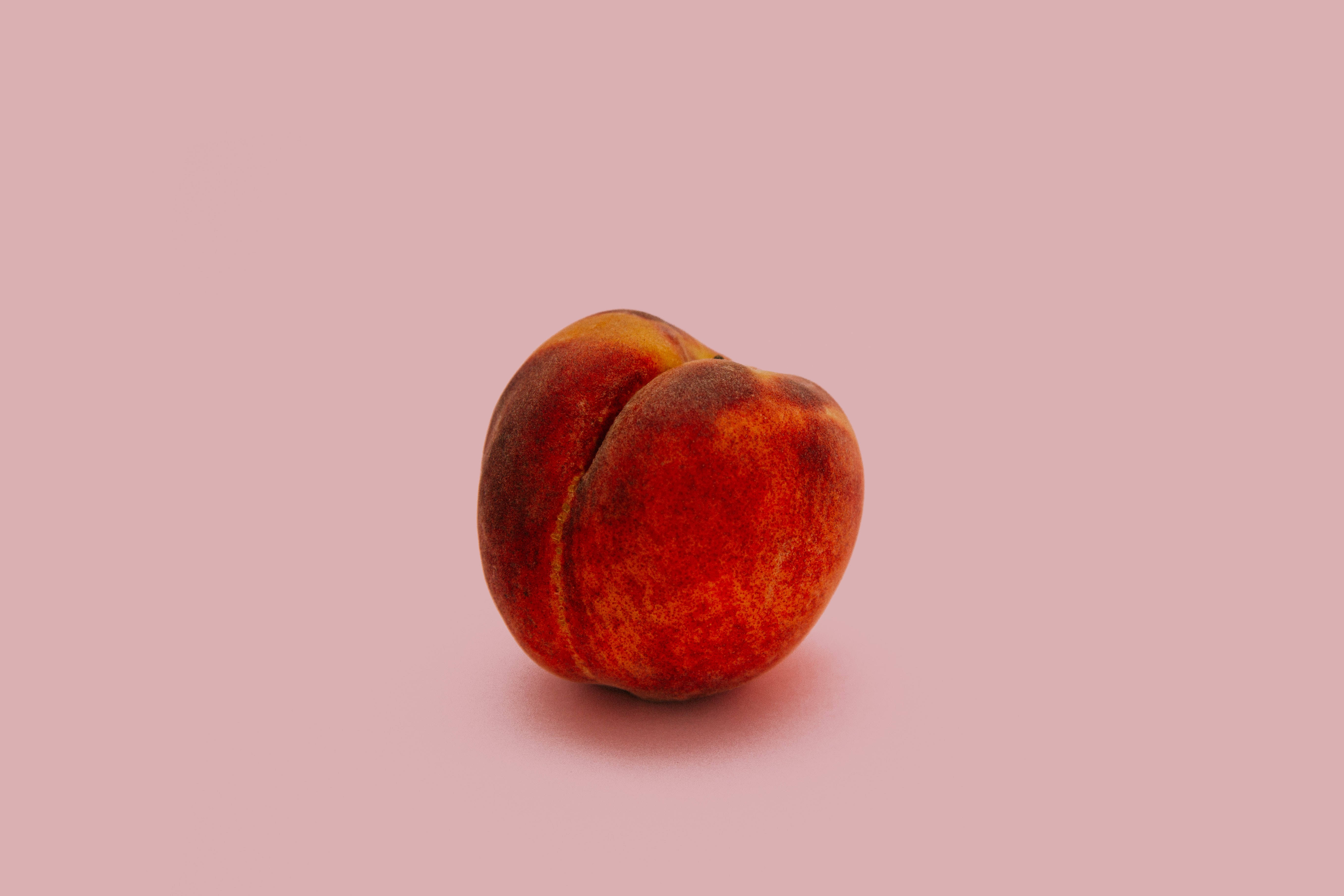 Peach 桌布 壁紙 — 一個成熟的桃子帶有溫暖的橙色和紅色色調，放置在柔和的粉紅色背景上。