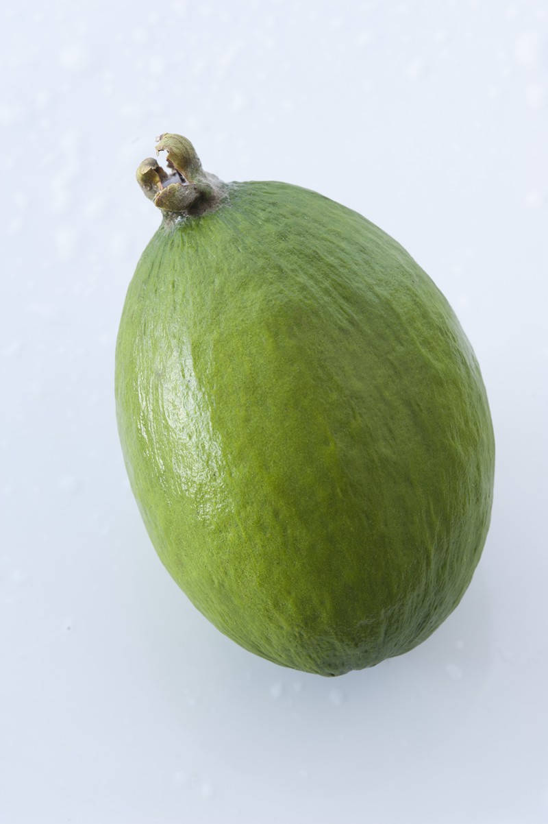 Fruit 桌布 壁紙 — 一個成熟的綠色菲油果，帶有紋理表皮和莖，位於明亮的白色表面中央。