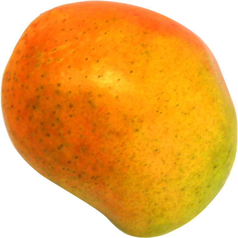 Mangoes 桌布 壁紙 — 一個成熟的芒果，帶有漸層橙黃色果皮，上面佈滿細小的棕色斑點，背景為黑色。