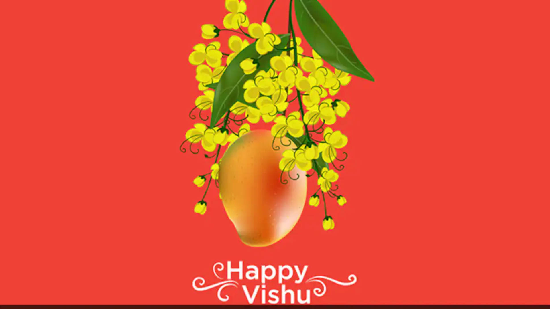 Happy Vishu 桌布 壁紙 — 一個成熟的芒果懸掛在鮮黃色花朵的瀑布下，背景是鮮紅色，並帶有「Happy Vishu」文字。