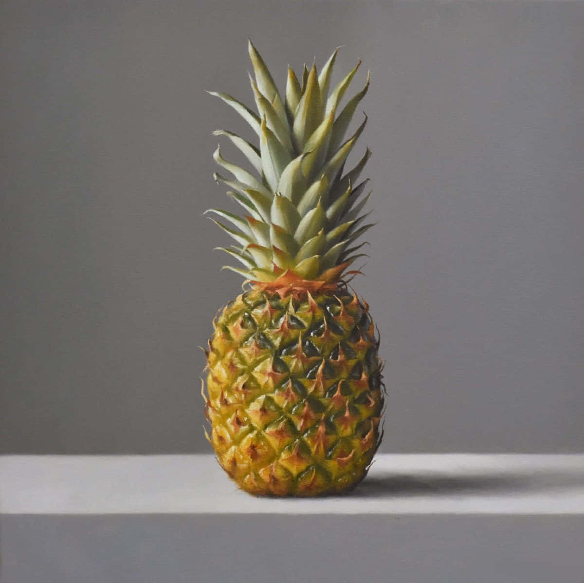 Pineapple 桌布 壁紙 — 一個成熟的鳳梨，帶有尖刺的綠色冠部，放在白色架子的中央，背景是柔和的灰色。