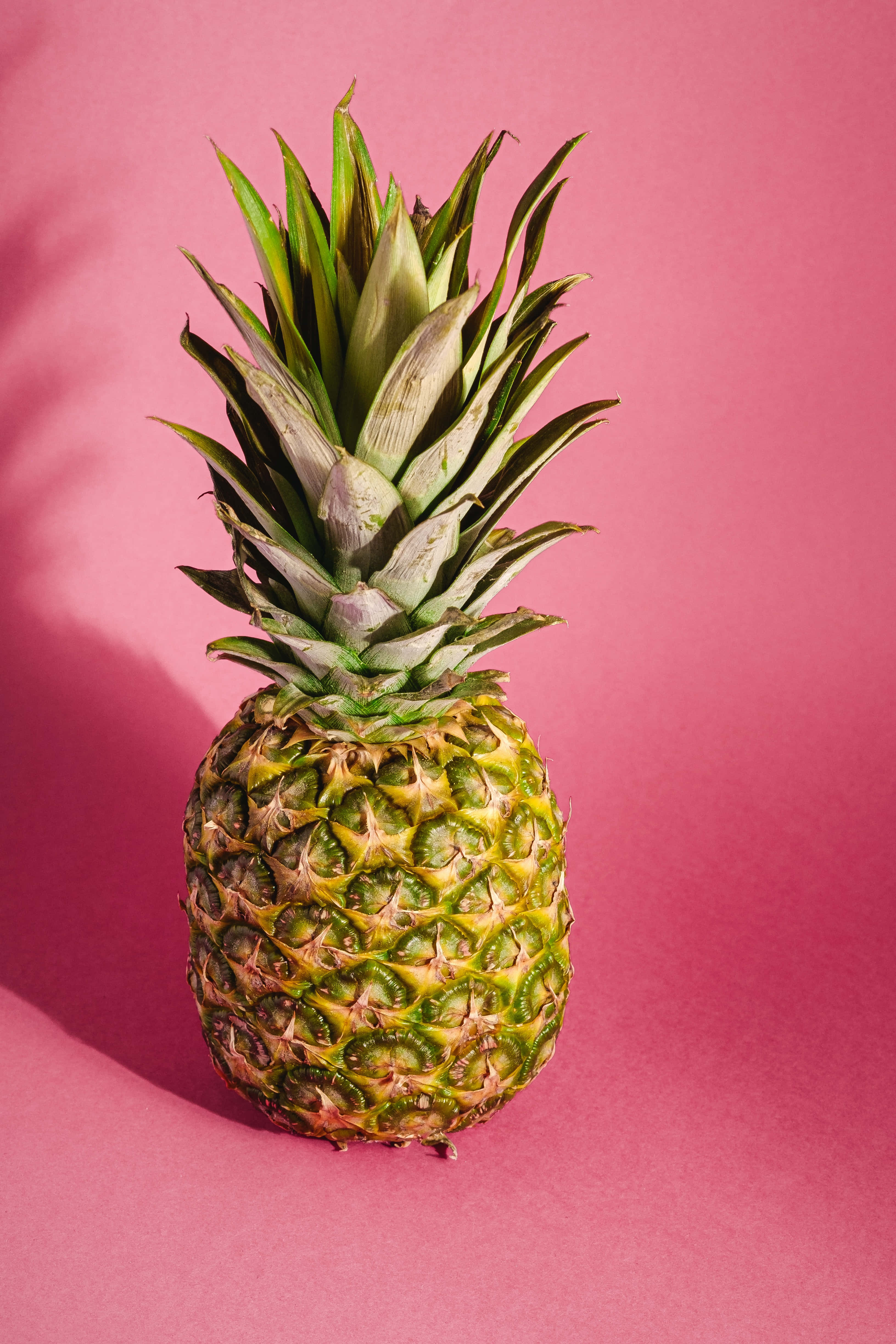 Pineapple 桌布 壁紙 — 一個成熟的鳳梨，帶有尖刺的綠色冠部，大膽地立在充滿活力的粉紅色工作室背景前。