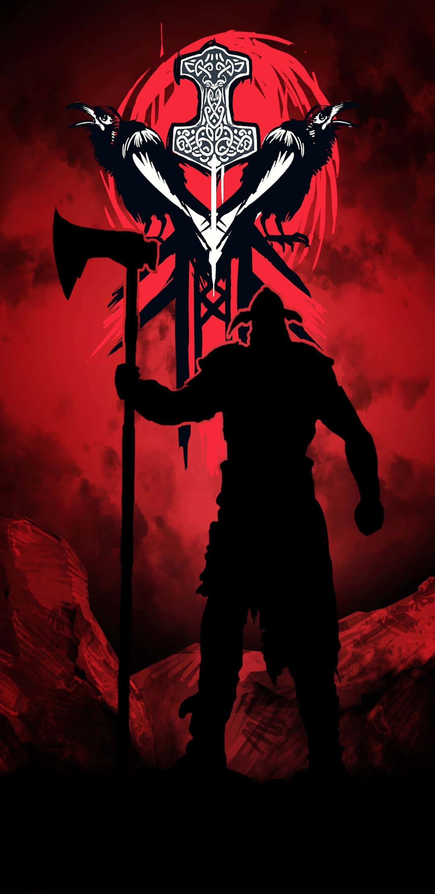 For Honor 桌布 壁紙 — 一個戰士剪影在發光的紅太陽下，手持斧頭，伴隨著北歐錘子和烏鴉。