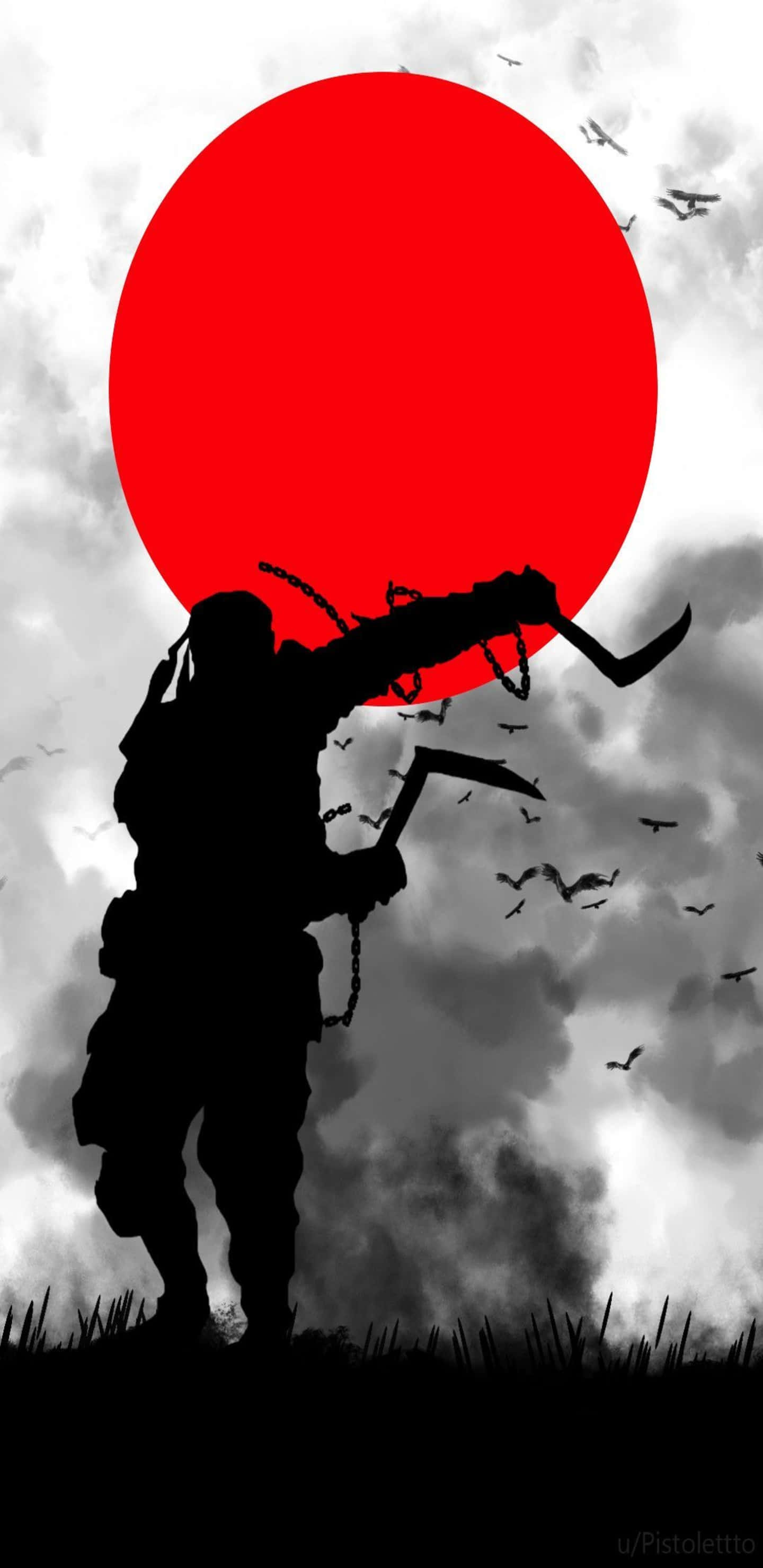 For Honor 桌布 壁紙 — 一個戰士剪影揮舞著彎曲的刀刃，背景是鮮紅的太陽、飛鳥和暴風雲。