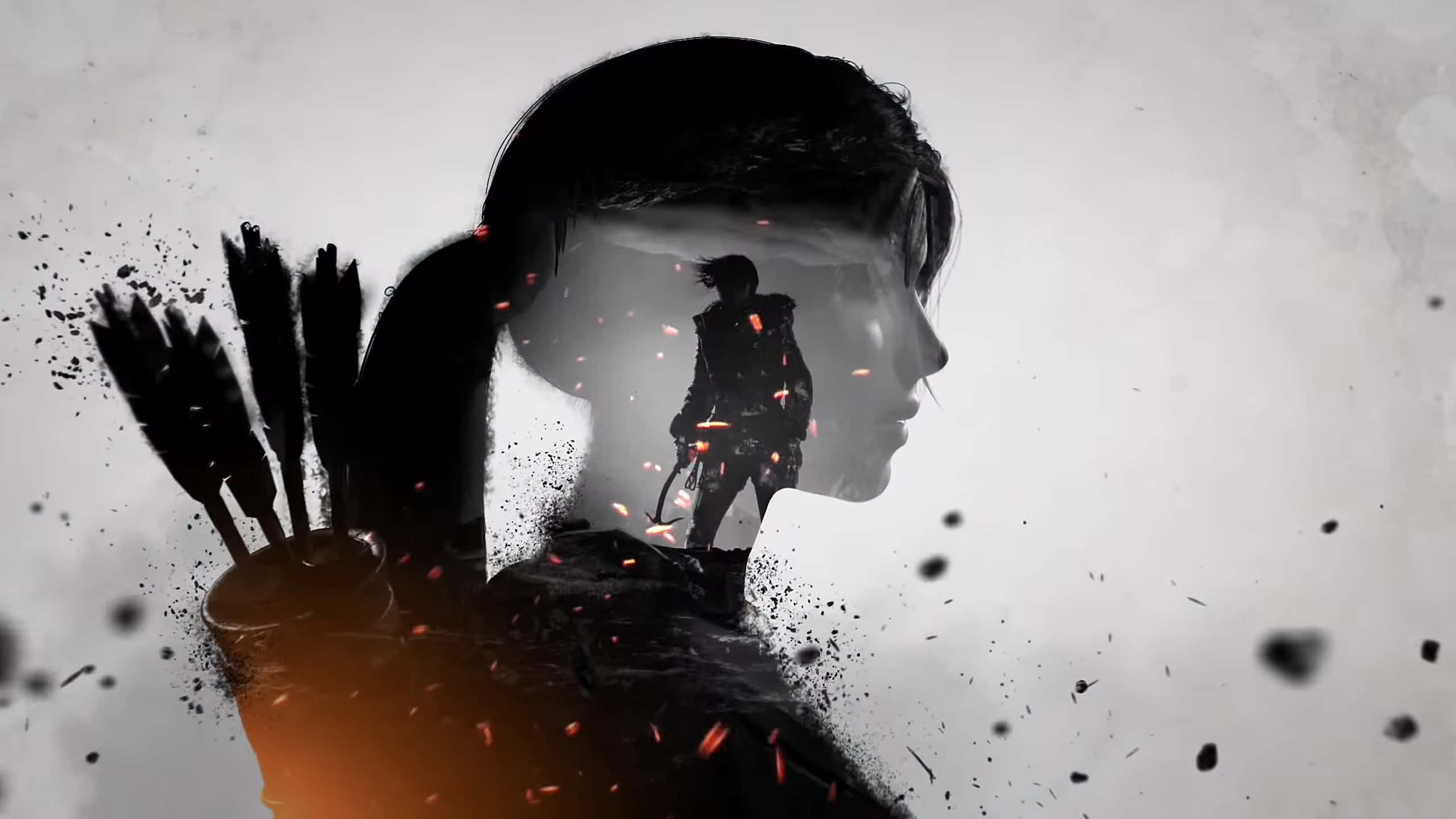 1440p Shadow Of The Tomb Raider 桌布 壁紙 — 一個戰士剪影站在一個女人的側面輪廓內，手持弓箭，背景是粗糙的紋理。