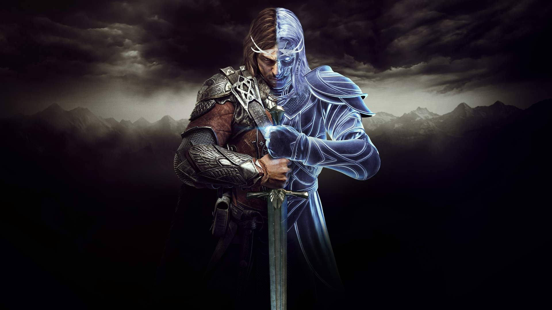 middle earth shadow of war 桌布 壁紙 — 一個戰士半身發出藍光，站在風雨交加的山中，手持一把劍。