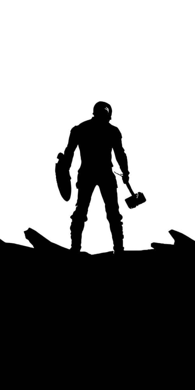 Captain America iPhone 桌布 壁紙 — 一個戰士手持錘子和盾牌的鮮明黑色剪影，站在破碎的地面上，背景是純白色。