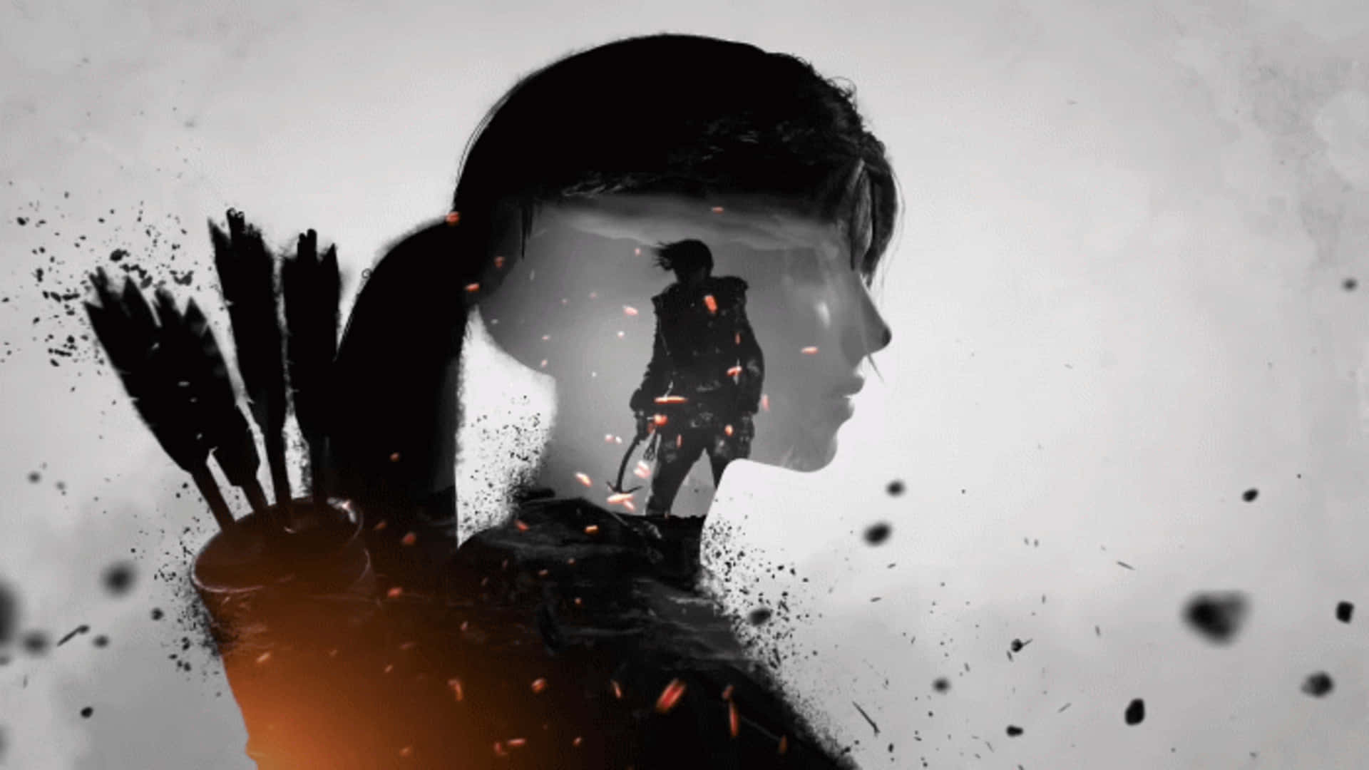 1080p Shadow Of The Tomb Raider 桌布 壁紙 — 一個戰士的剪影從一個女人的側面輪廓中浮現，她手持箭矢，周圍有熾熱的火花飛舞。