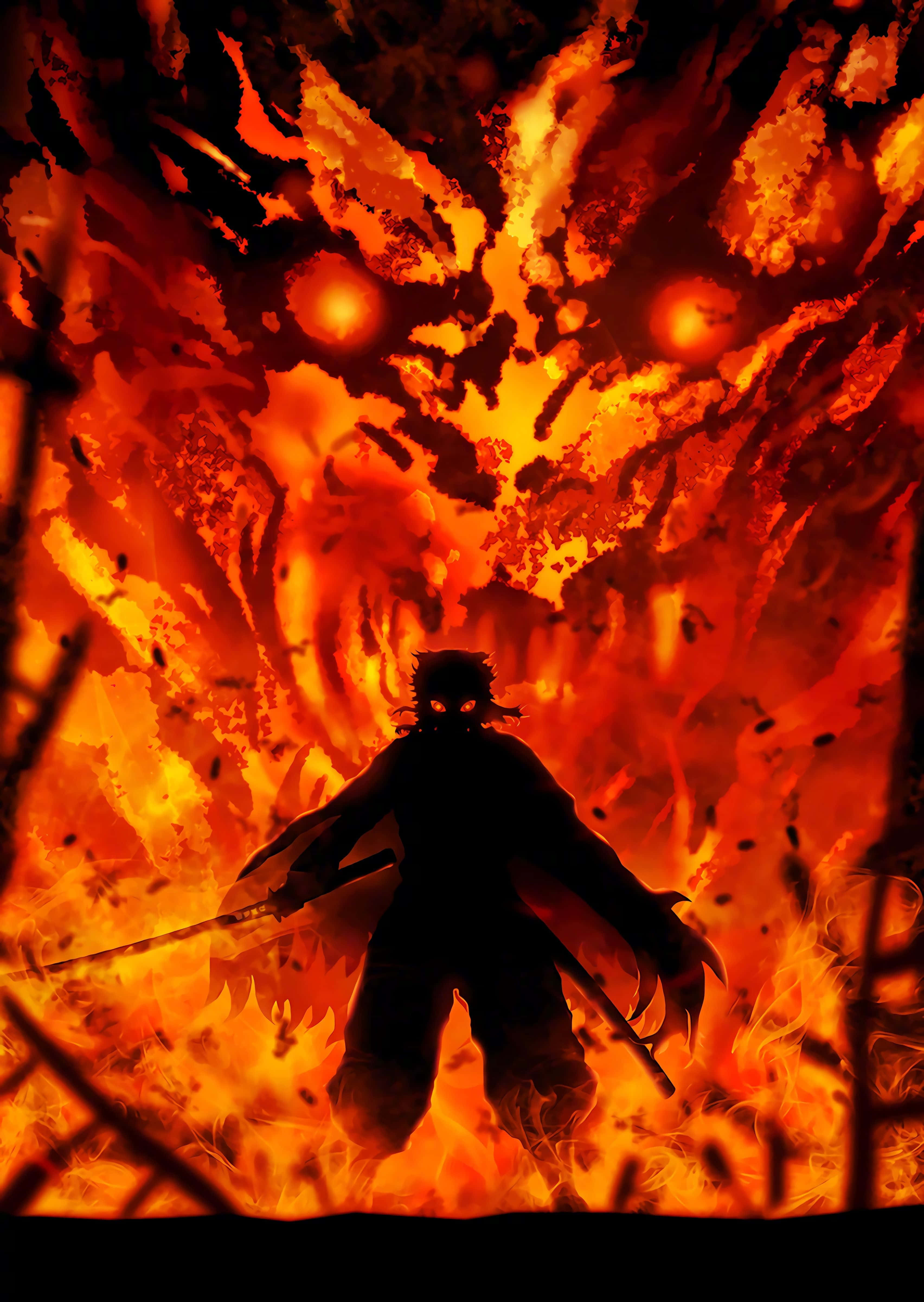 Rengoku Aesthetic 桌布 壁紙 — 一個戰士的剪影挑釁地站在一個巨大的、燃燒的惡魔面孔前，眼睛發光。