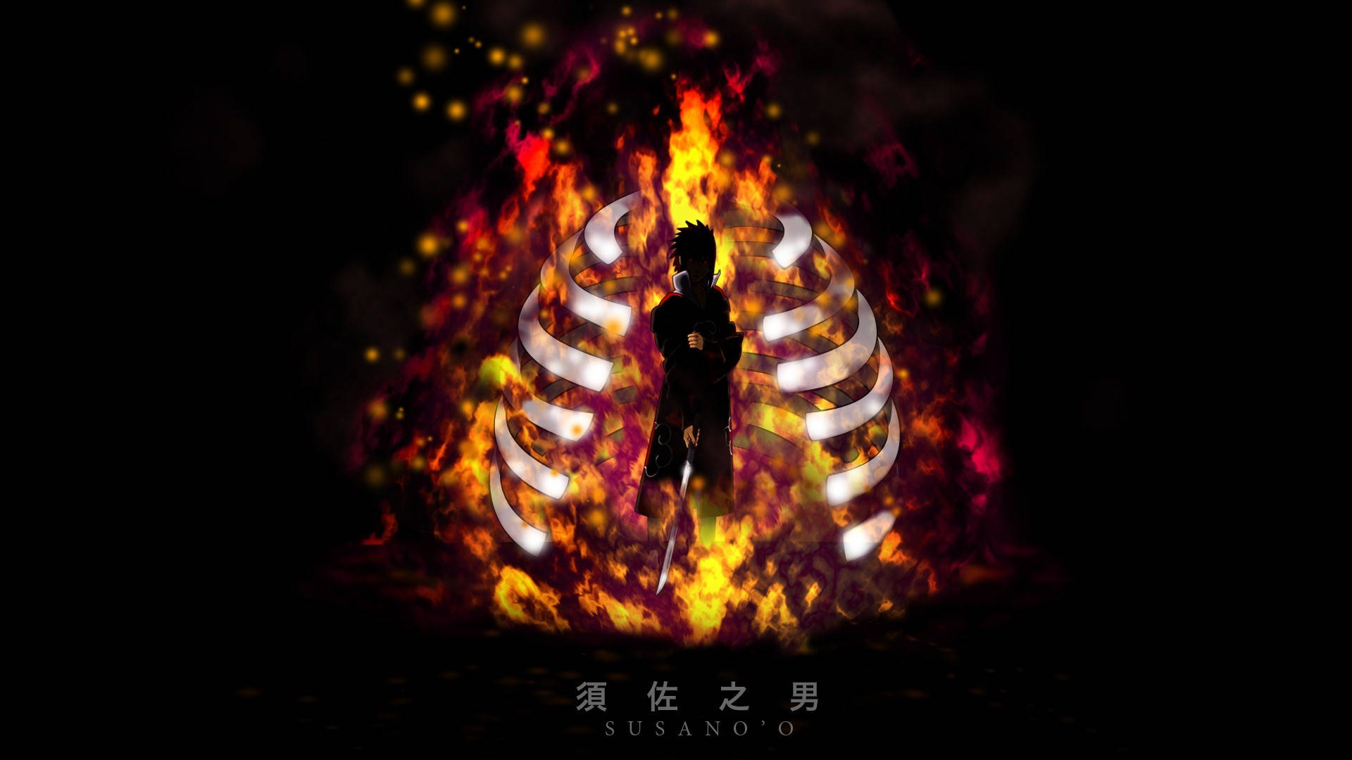 Susanoo 桌布 壁紙 — 一個戰士的黑暗剪影，穿著發光的白色肋骨狀盔甲，站在黑色背景上旋轉的火焰和火花之中。