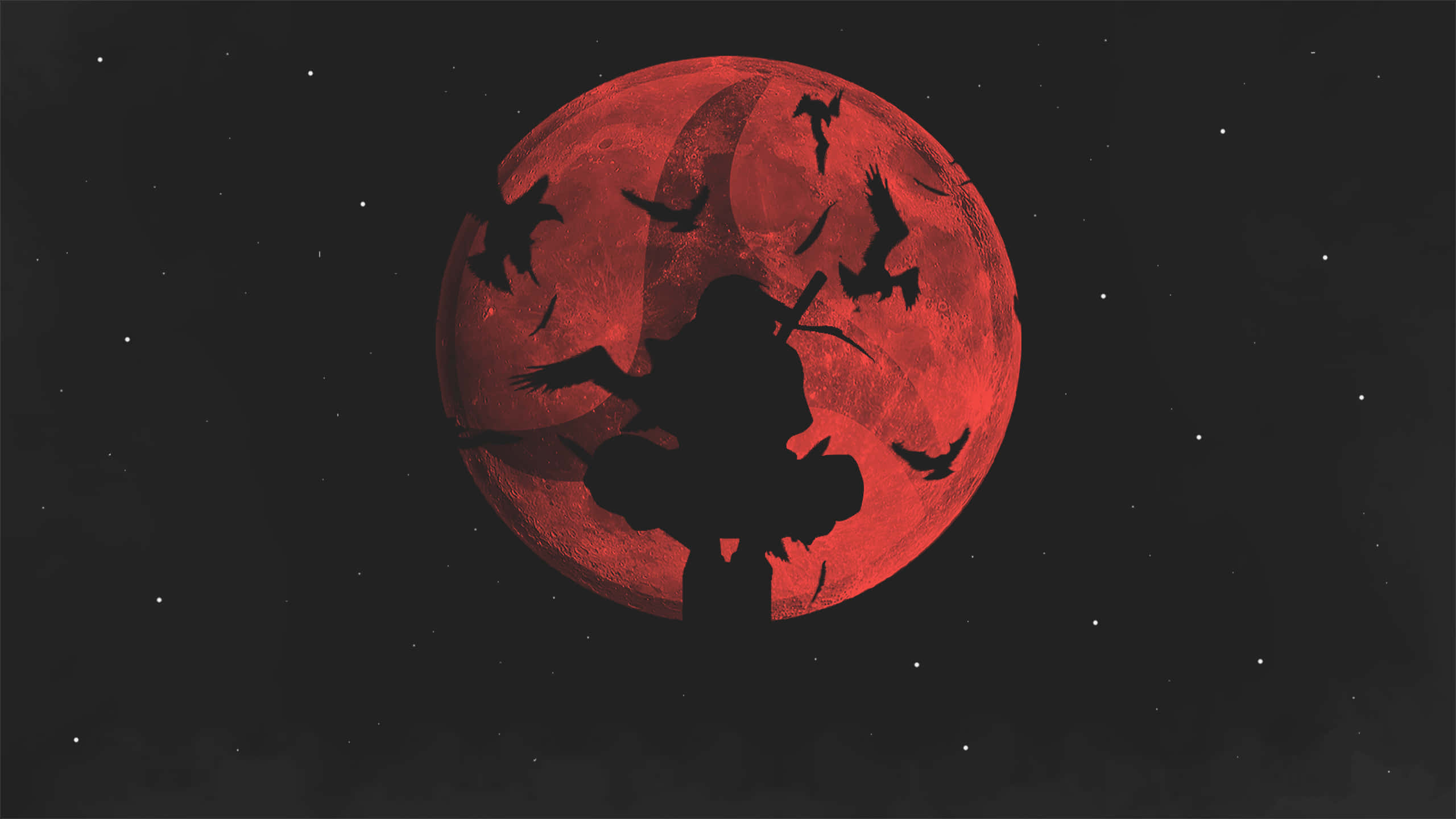 Uchiha Clan 桌布 壁紙 — 一個戰士的黑暗剪影，鳥兒在他們周圍飛翔，背景是繁星點點的夜空中巨大的紅色月亮。