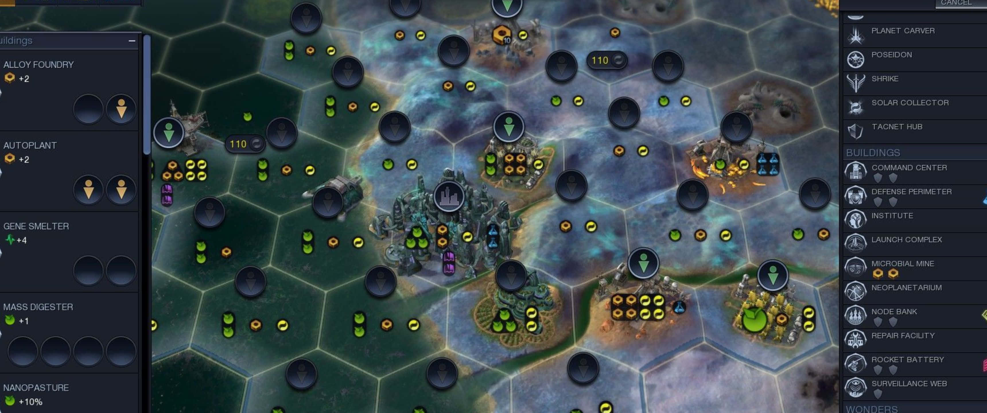 1440p Civilization Beyond Earth 桌布 壁紙 — 一個戰略科幻遊戲地圖，顯示六邊形地形、發光的資源節點和未來主義建築，背景是星雲天空。