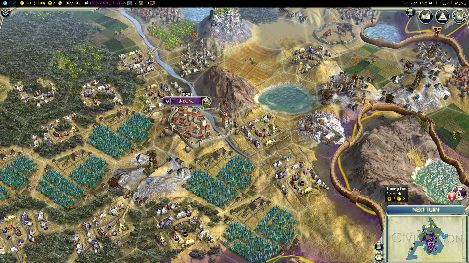電玩遊戲 桌布 壁紙 — 一個戰略遊戲地圖，以俯視角度顯示一個中世紀村莊，包含農場、河流和山脈。