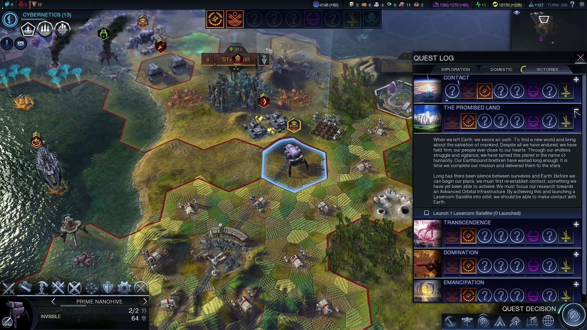 Civilization Beyond Earth 桌布 壁紙 — 一個戰略遊戲地圖，在六角網格上顯示未來風格的基地和單位，並帶有任務記錄和UI元素。