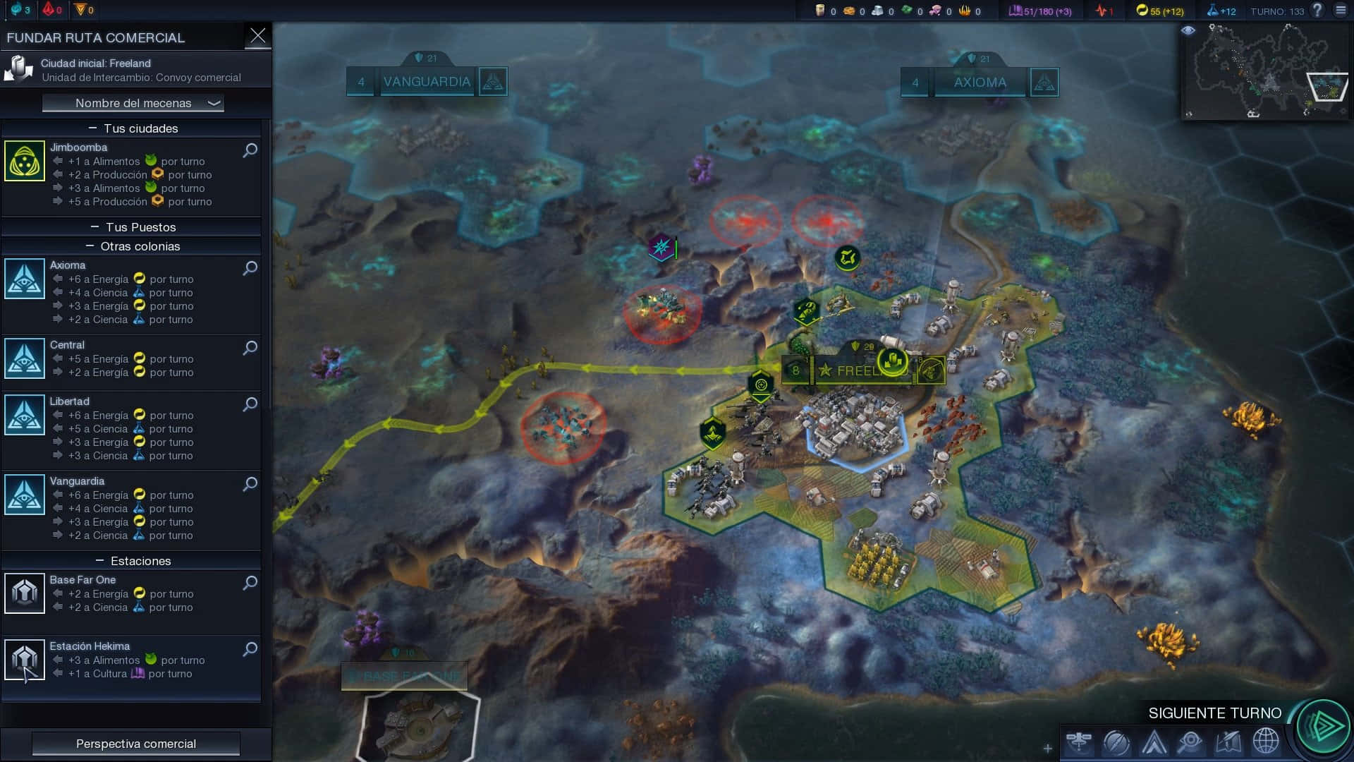 Civilization Beyond Earth 桌布 壁紙 — 一個戰略遊戲地圖，在幻想景觀上顯示六邊形領土、城市、資源和貿易路線。