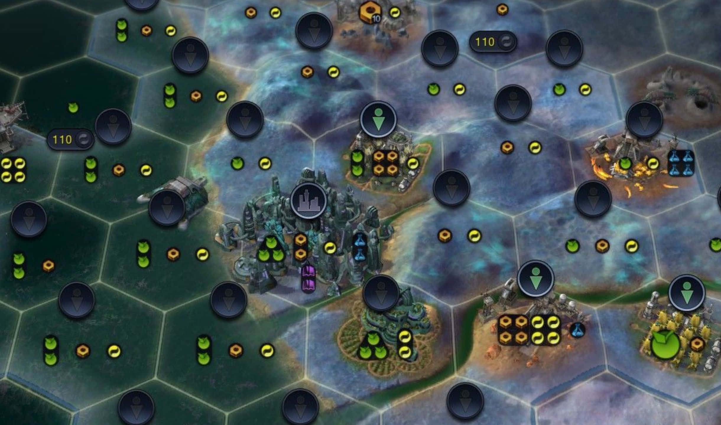 2440x1440 Civilization Beyond Earth 桌布 壁紙 — 一個戰略遊戲地圖，帶有六邊形瓷磚，顯示未來主義基地發出綠色和橙色光芒。