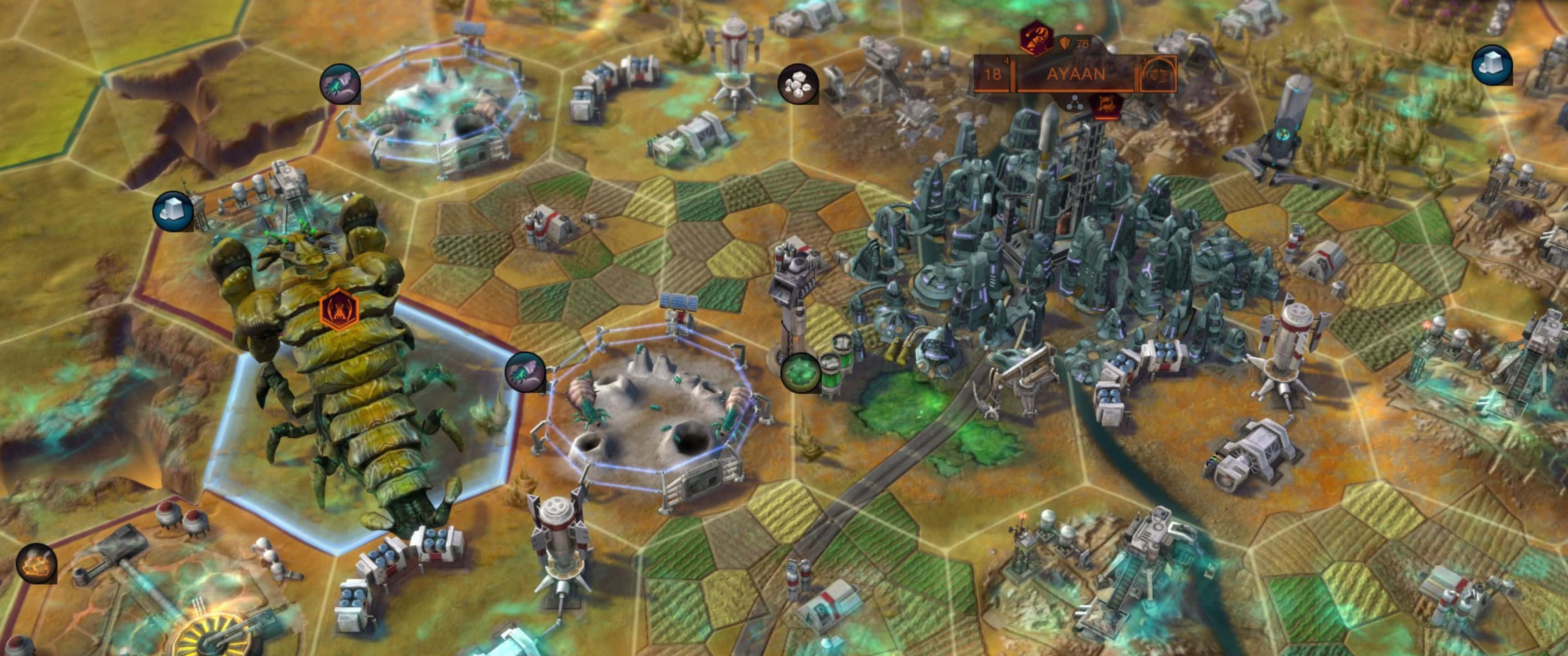 1440p Civilization Beyond Earth 桌布 壁紙 — 一個戰略遊戲地圖，顯示未來城市和巨型機械生物在六角網格地形上。