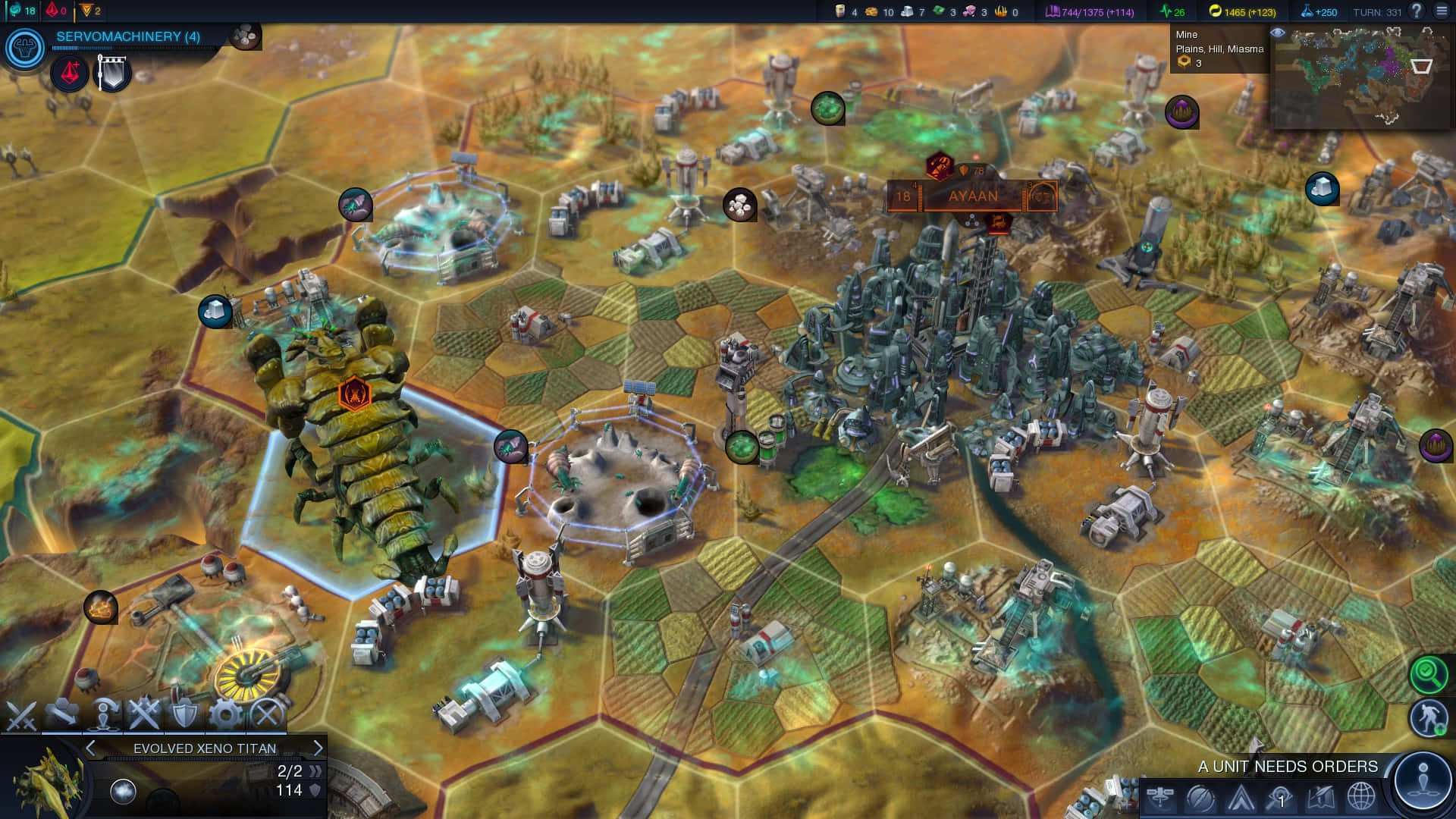 Civilization Beyond Earth 桌布 壁紙 — 一個戰略遊戲地圖，顯示未來外星城市和生物機械單位在六角網格上，帶有發光地形。