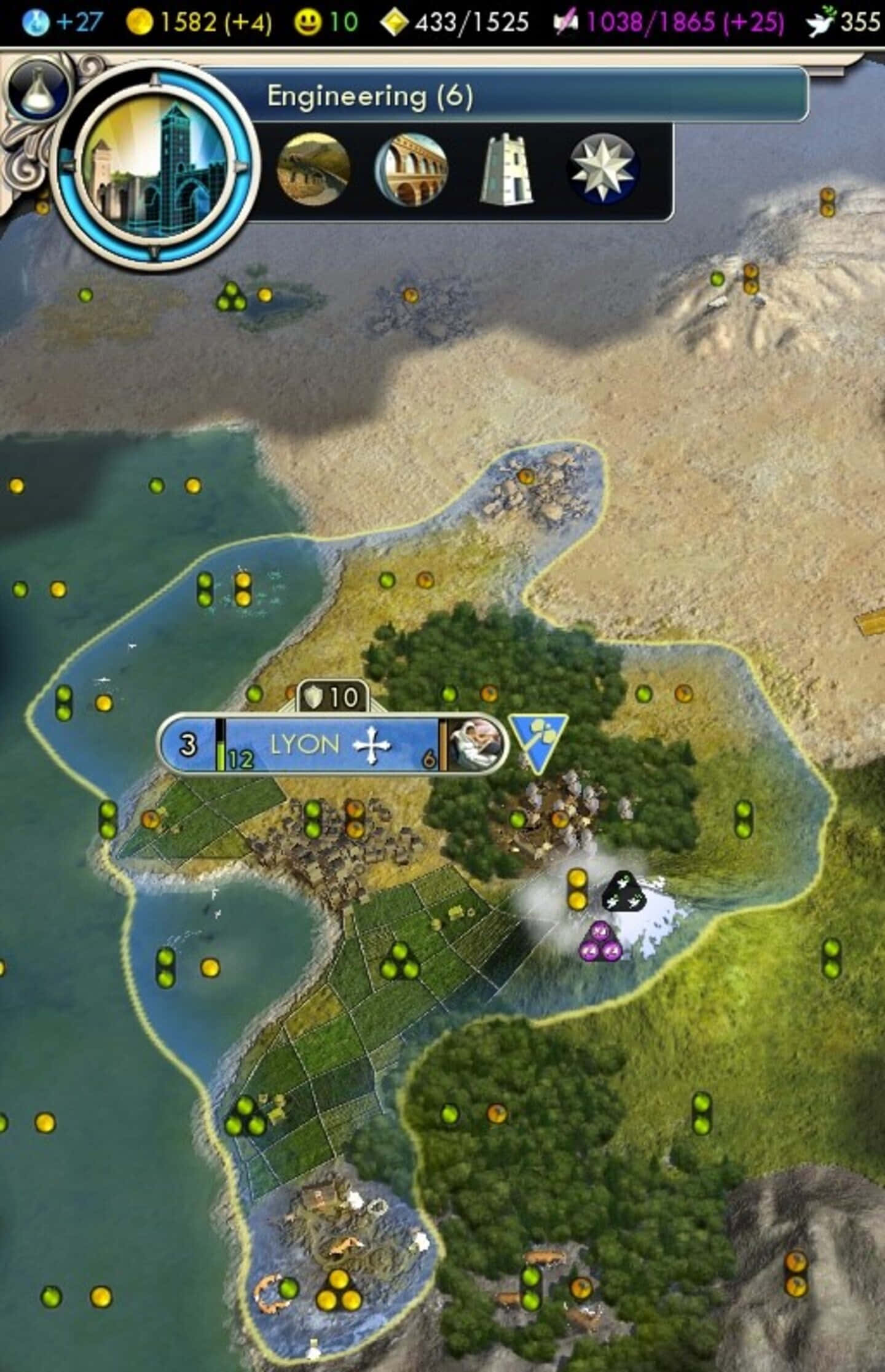 Pixel 3xl Civilization V 桌布 壁紙 — 一個戰略遊戲地圖，顯示里昂被森林、河流和地形包圍，並帶有資源圖標和工程建築。
