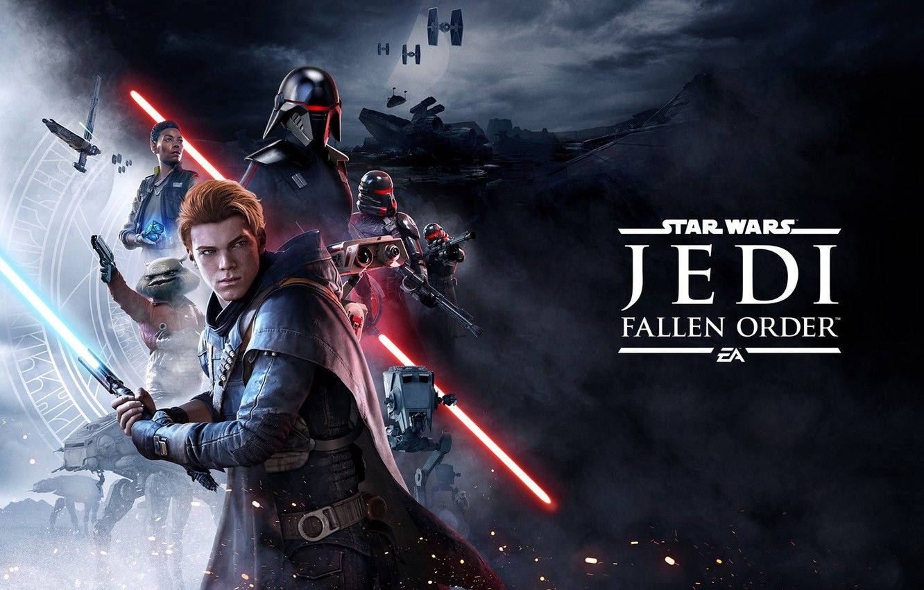 Jedi 桌布 壁紙 — 一個戲劇性的《星際大戰 絕地：組織殞落》遊戲封面，展示一位年輕絕地武士揮舞藍色光劍，背景是黑暗風暴，帶有紅色光劍和星際戰機。