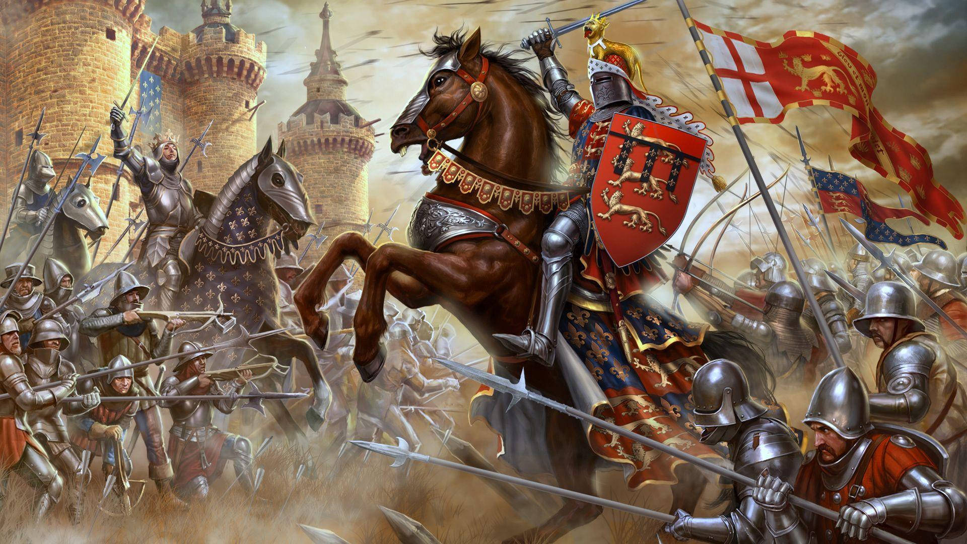 Dark Ages 桌布 壁紙 — 一個戲劇性的中世紀戰鬥場景，身穿盔甲的騎士在城堡圍攻中騎馬衝鋒，旗幟飛揚，刀劍交鋒。