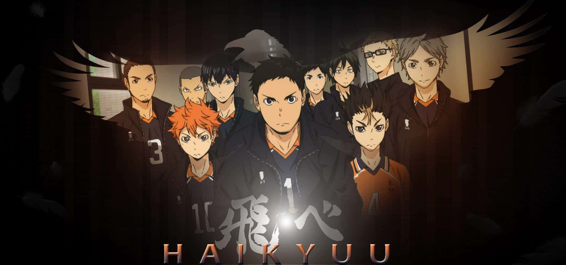 排球少年 桌布 壁紙 — 一個戲劇性的動漫團體肖像，描繪了 Haikyuu!! 排球運動員，他們擁有發光的眼睛和黑暗的翅膀，背景陰暗。