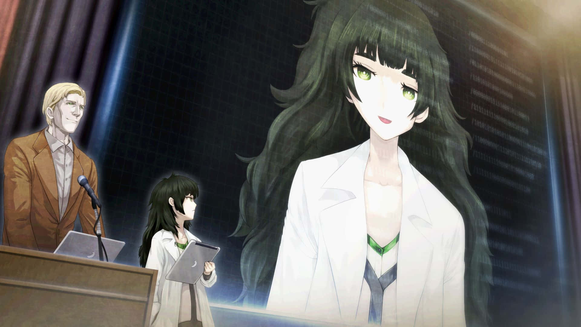 Maho Hiyajo 桌布 壁紙 — 一個戲劇性的動漫場景，一位身穿白色外套、綠色眼睛的高大女性主導前景，而兩個較小的人物站在光線昏暗的房間裡的講台上。