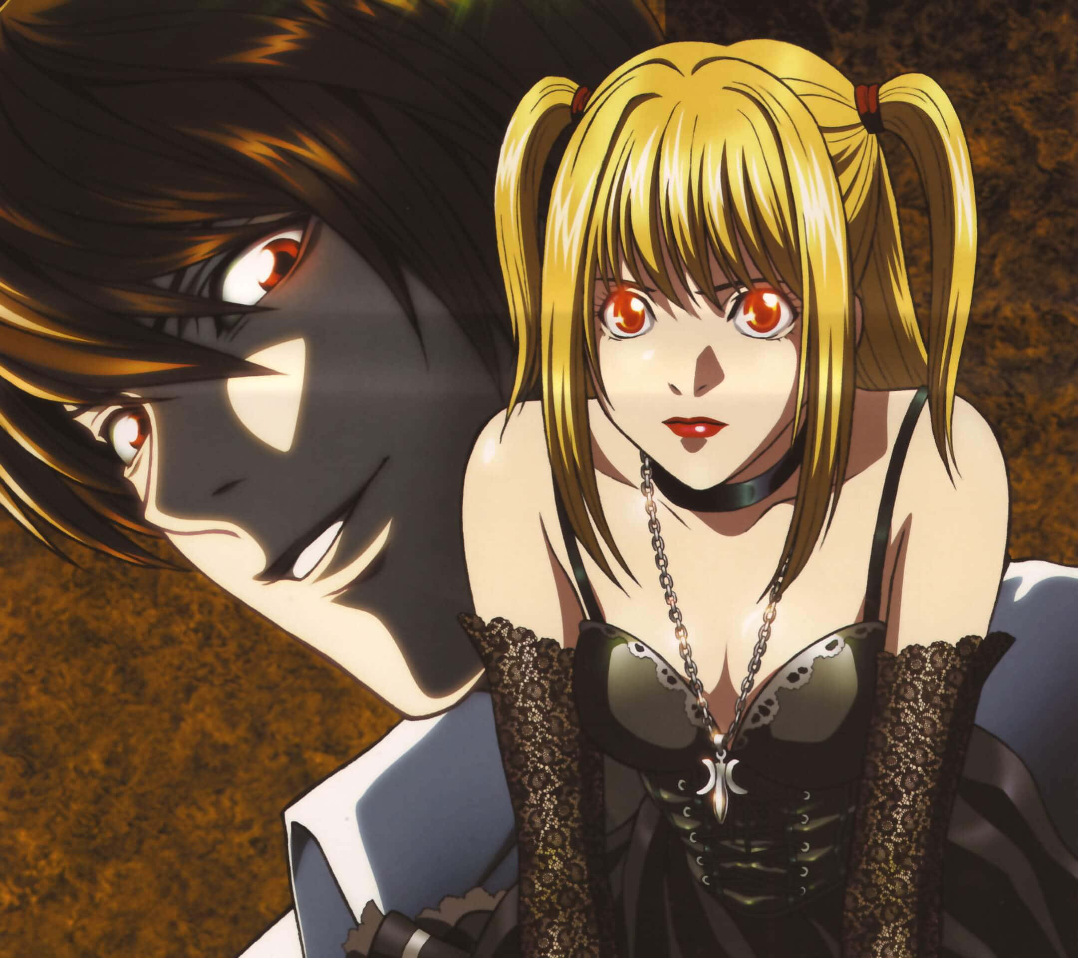 Light Yagami 桌布 壁紙 — 一個戲劇性的動漫場景，一個金髮女孩穿著緊身胸衣，一個黑髮紅眼的男人潛伏在她身後。