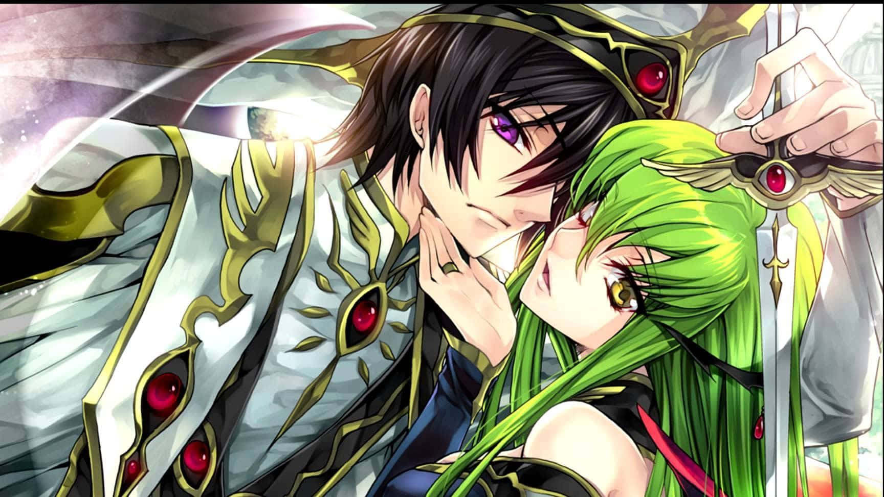 lelouch lamperouge 桌布 壁紙 — 一個戲劇性的動漫場景，一個黑髮紫眼的男性角色溫柔地抱著一個綠髮女性角色，一把發光的劍懸浮在他們上方。