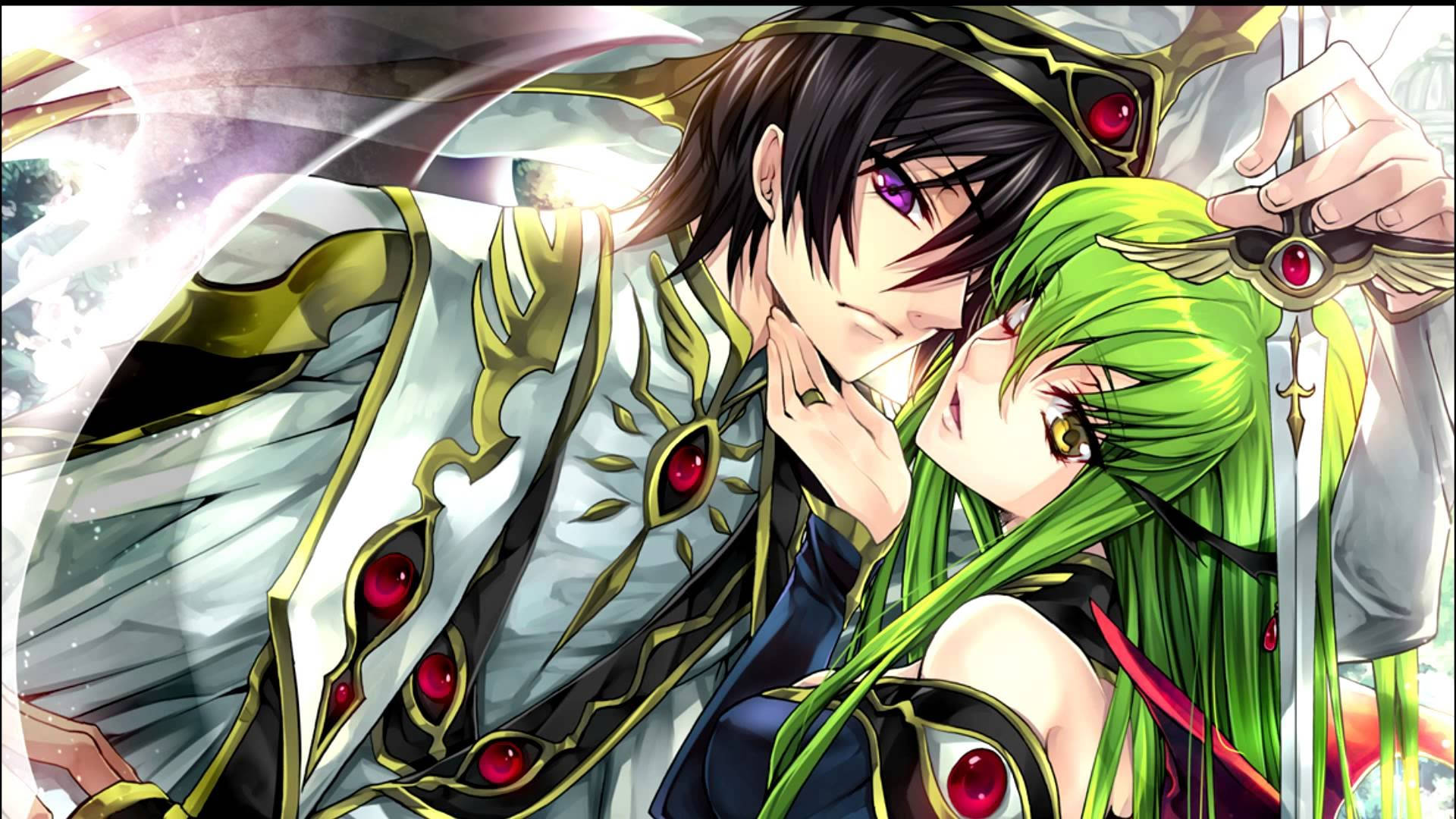 lelouch lamperouge 桌布 壁紙 — 一個戲劇性的動漫場景，一名深色頭髮的男子身穿華麗的白色和金色盔甲，飾有紅色寶石，輕輕觸摸一名綠髮女子的臉頰，而她正握著一把劍。