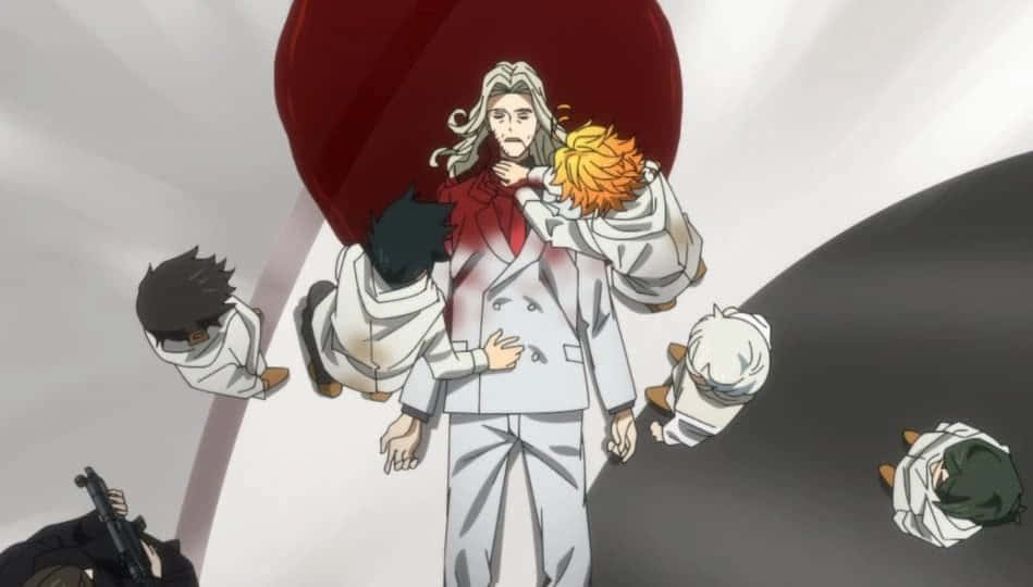 The Promised Neverland Peter Ratri 桌布 壁紙 — 一個戲劇性的動漫場景，中央人物抱著一個孩子，周圍有跪著的人物，背景是鮮明的紅色和灰色。