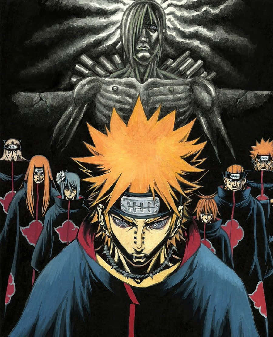 Akatsuki Pain 桌布 壁紙 — 一個戲劇性的動漫場景，主角頭髮尖刺，身穿藍色斗篷，在一個巨大的雕像下被蒙面人物包圍。
