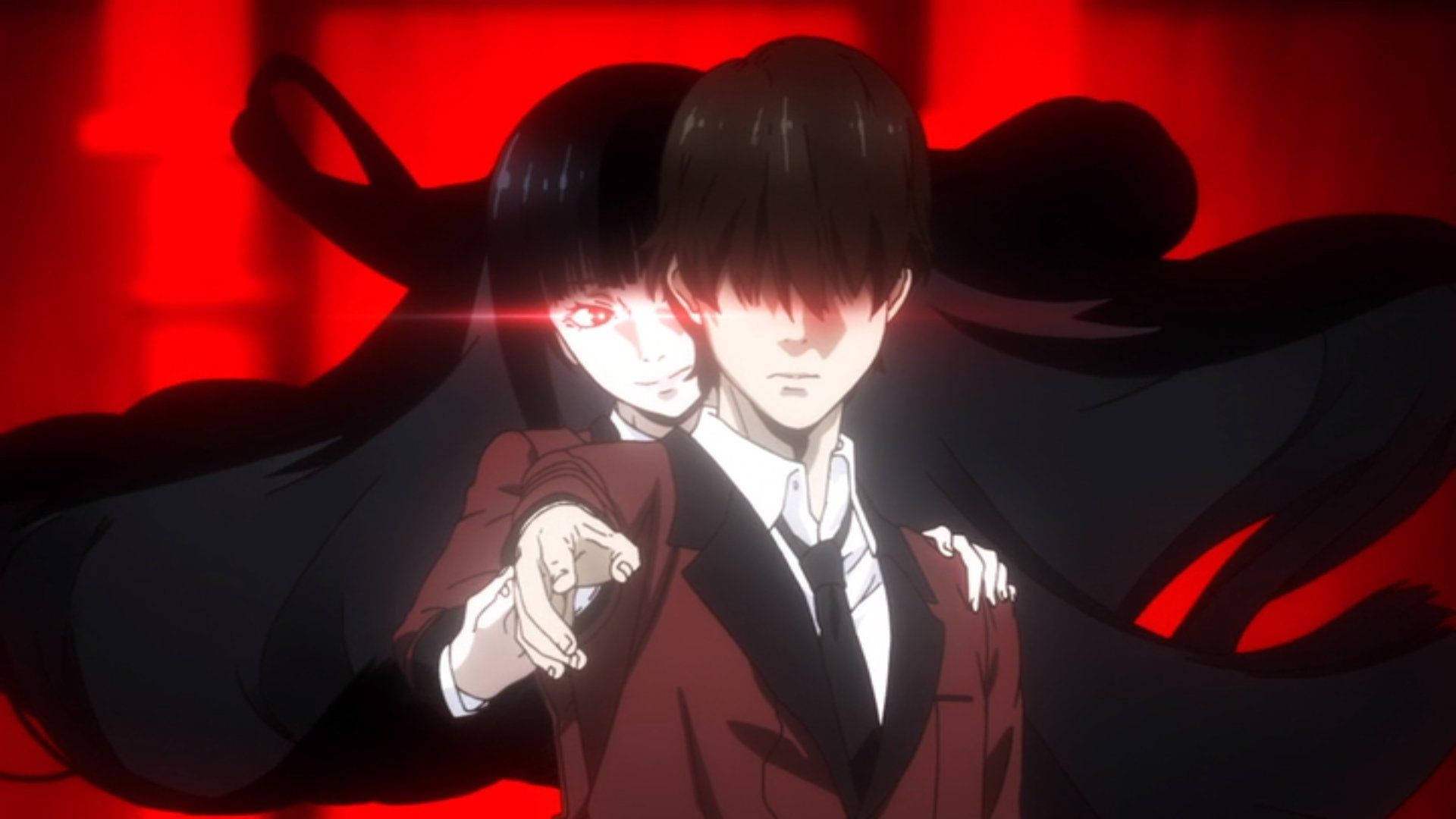 Kakegurui 桌布 壁紙 — 一個戲劇性的動漫場景，兩個角色穿著紅色西裝，背景是鮮紅色，帶有深色飄逸的頭髮。