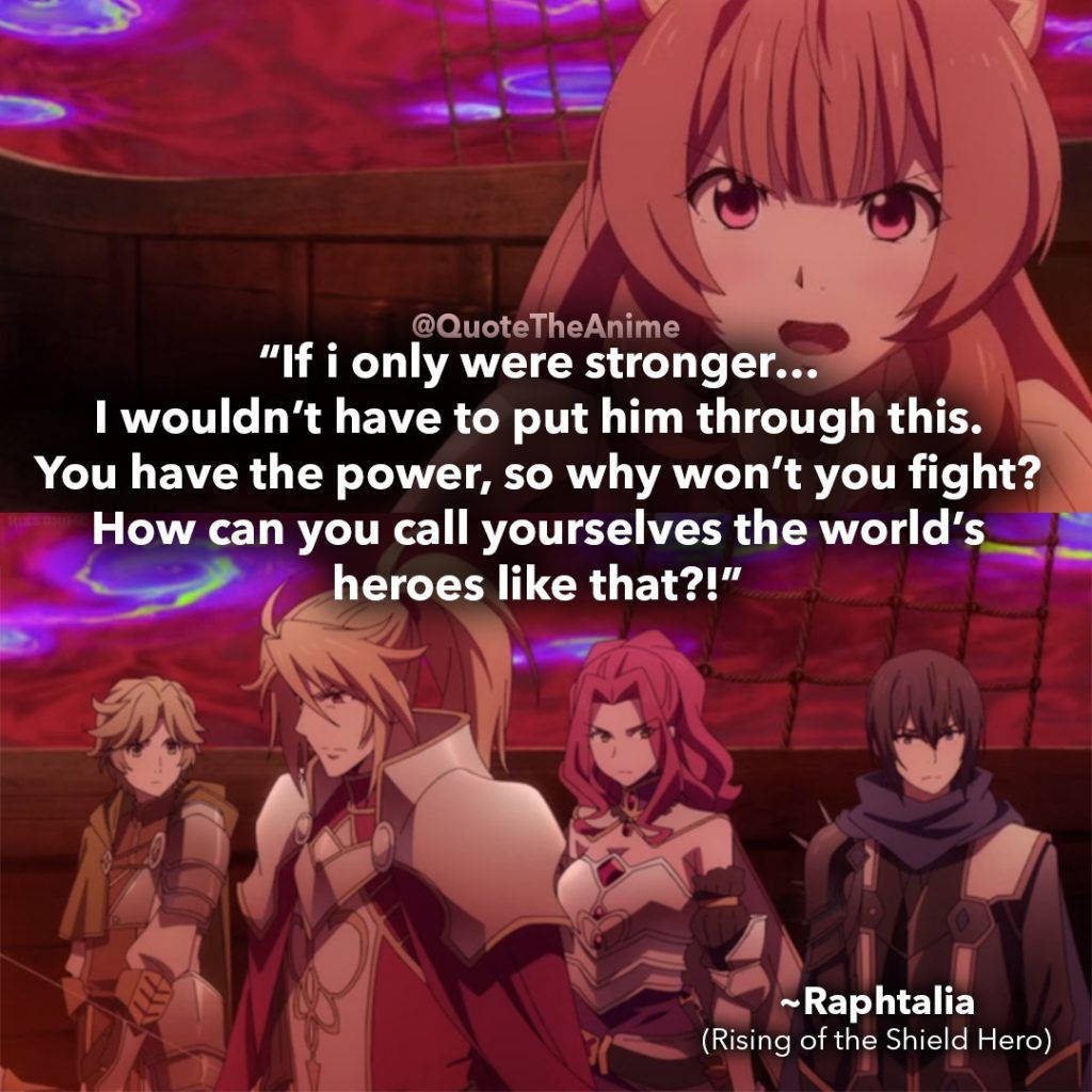 Raphtalia 桌布 壁紙 — 一個戲劇性的動漫場景，四個身穿盔甲的角色站在發光的紅色和紫色背景前，一個有貓耳的女孩看起來很震驚。