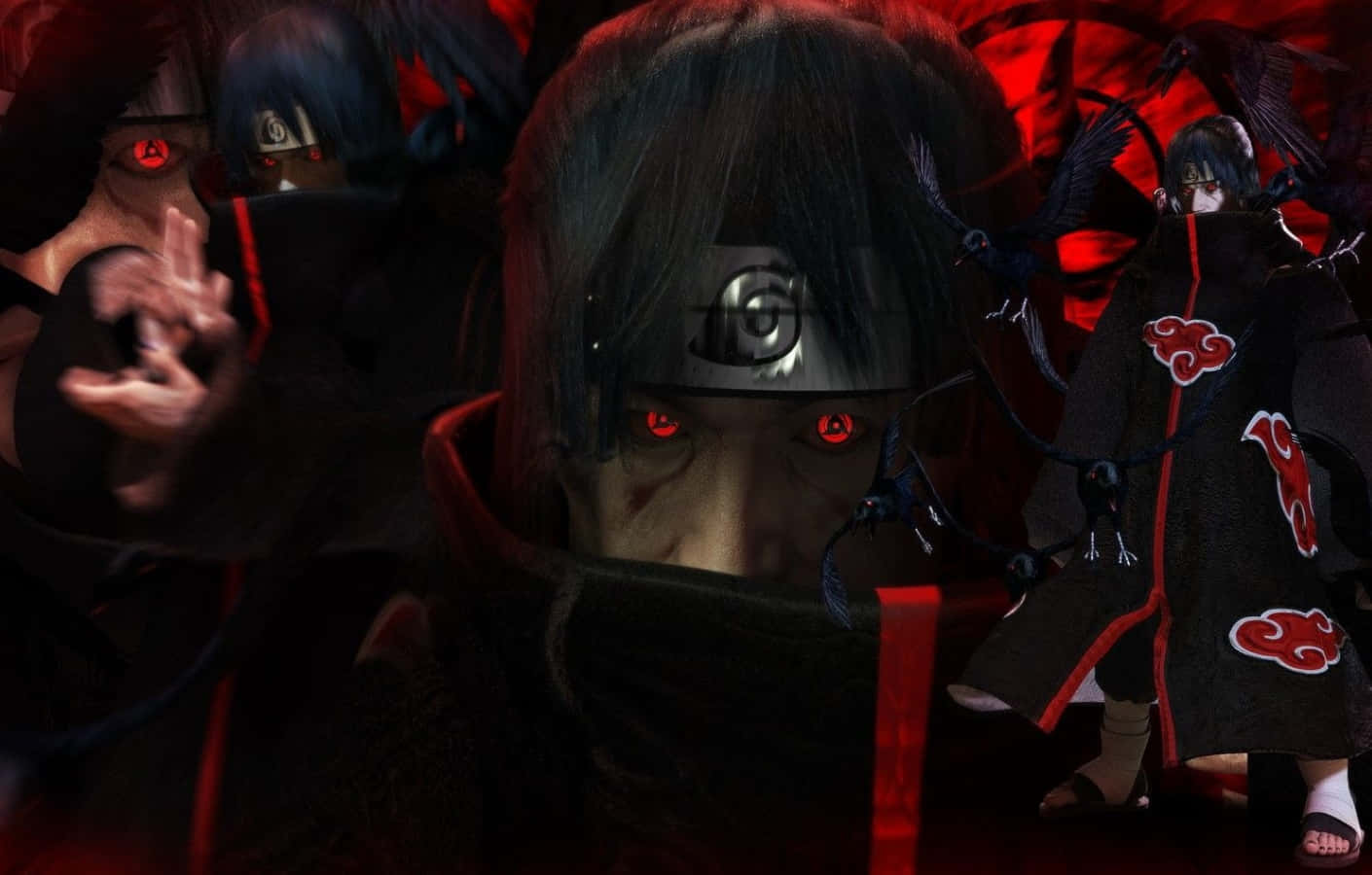 Akatsuki Ninja 桌布 壁紙 — 一個戲劇性的動漫場景，展示一個戴面具的忍者，眼睛發出紅光，被穿著曉組織斗篷的影子人物包圍。