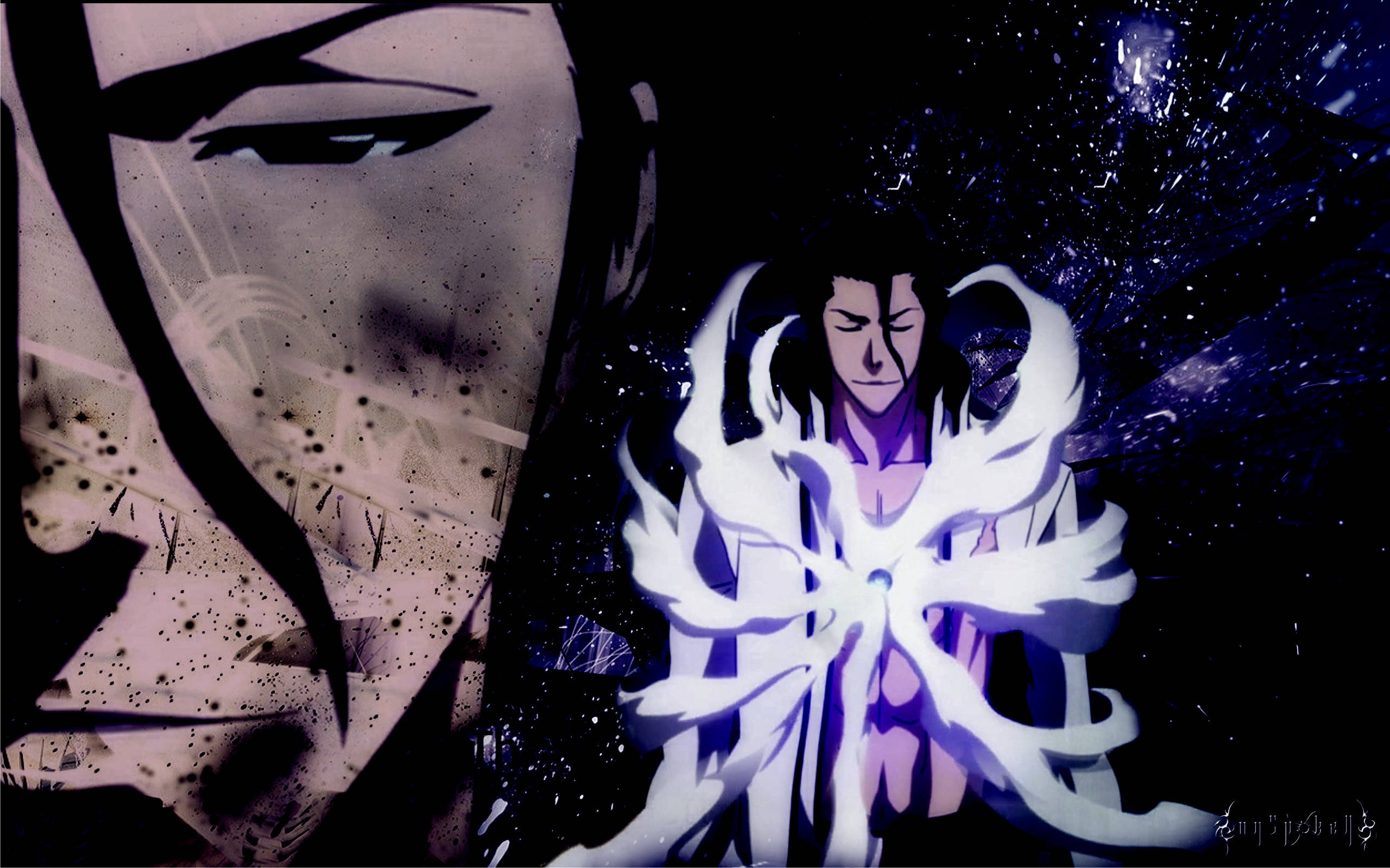 Aizen 桌布 壁紙 — 一個戲劇性的動漫場景，有一個發光的白髮人物被能量包圍，背景是黑暗的宇宙。