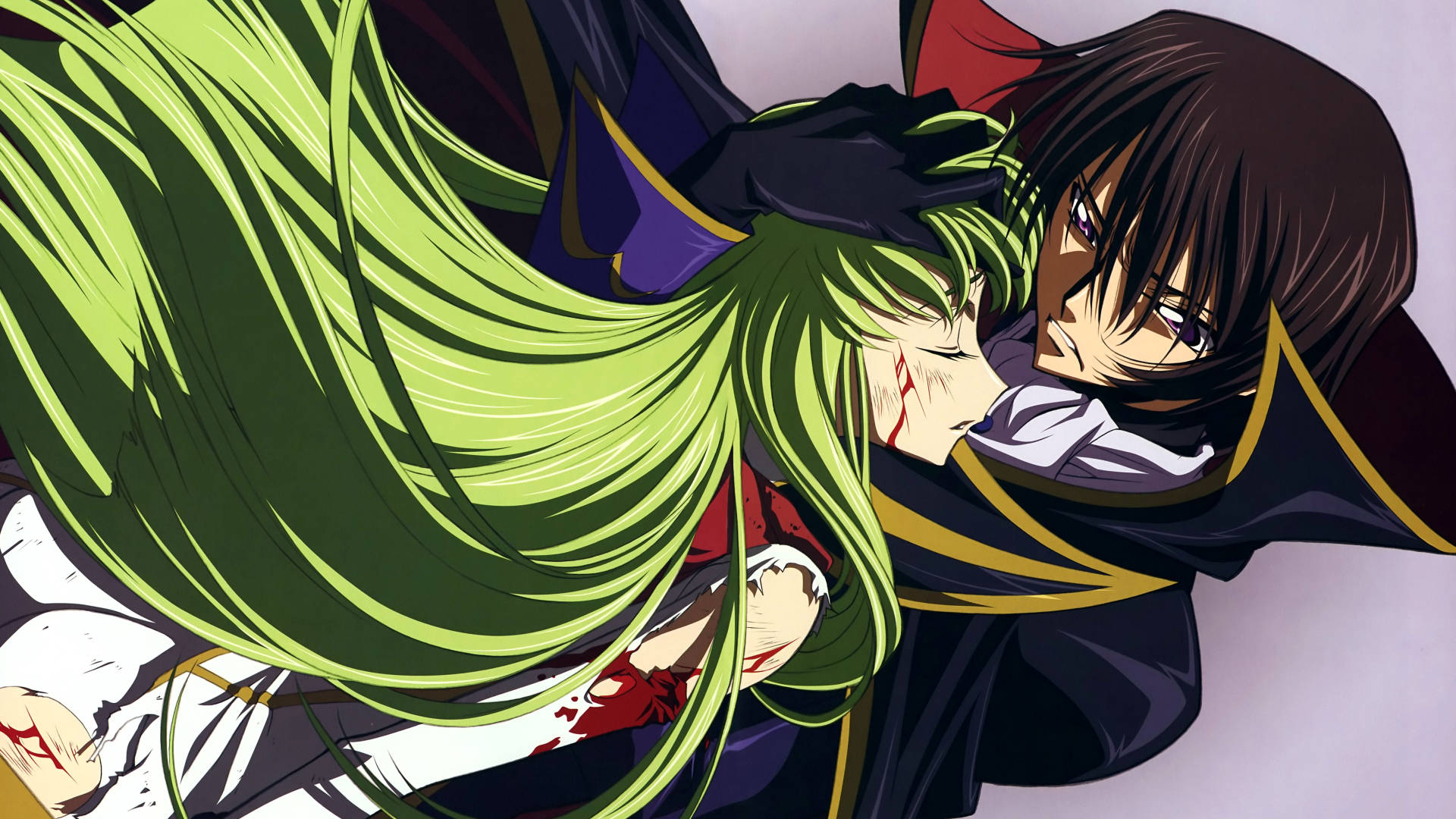 lelouch lamperouge 桌布 壁紙 — 一個戲劇性的動漫場景，深色頭髮的角色擁抱著一個綠色頭髮、帶有血淋淋傷口的角色。