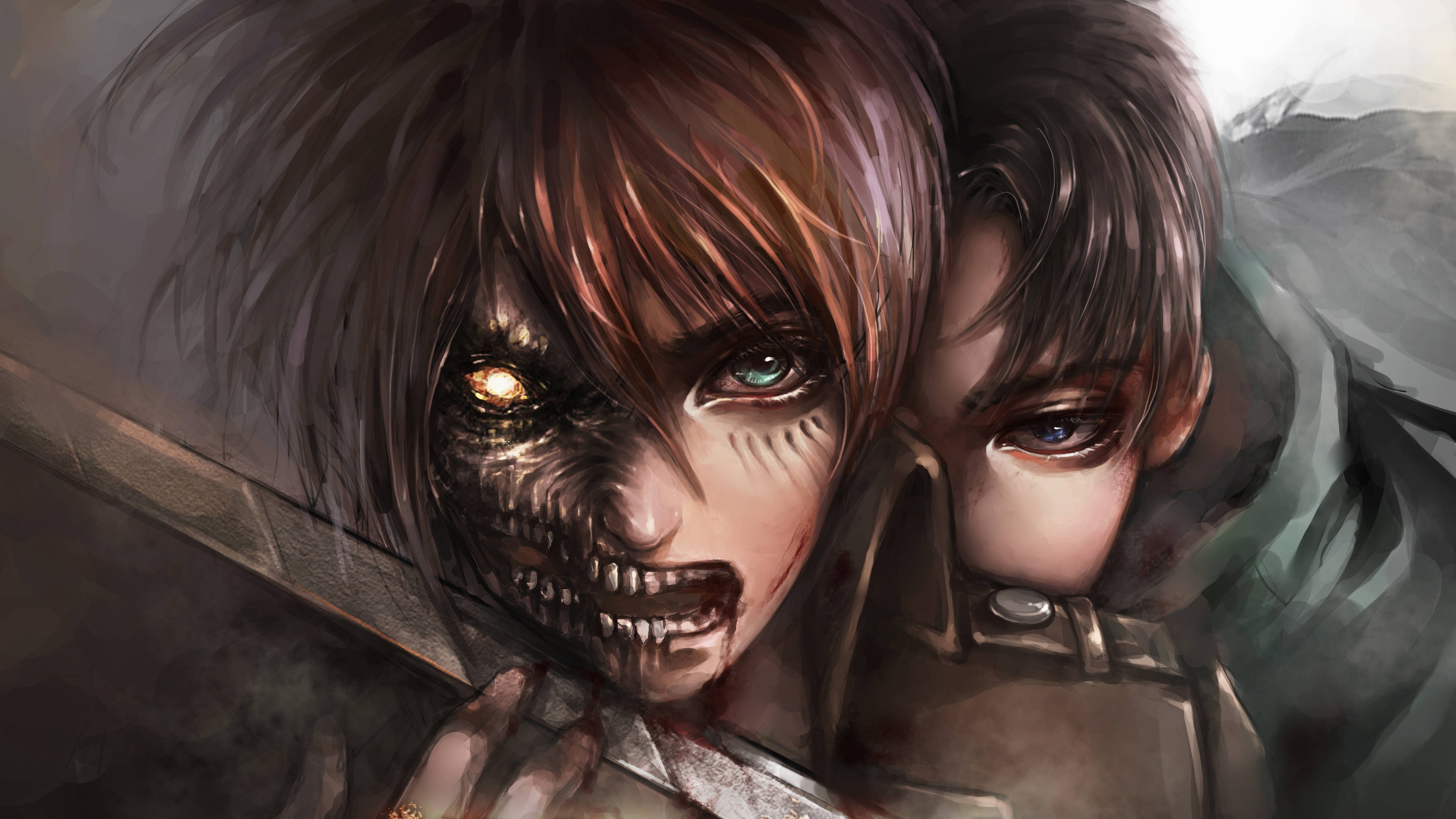 Levi 桌布 壁紙 — 一個戲劇性的動漫場景，顯示半變身的巨人，發光的眼睛緊握著劍，而一個人緊張地靠近。