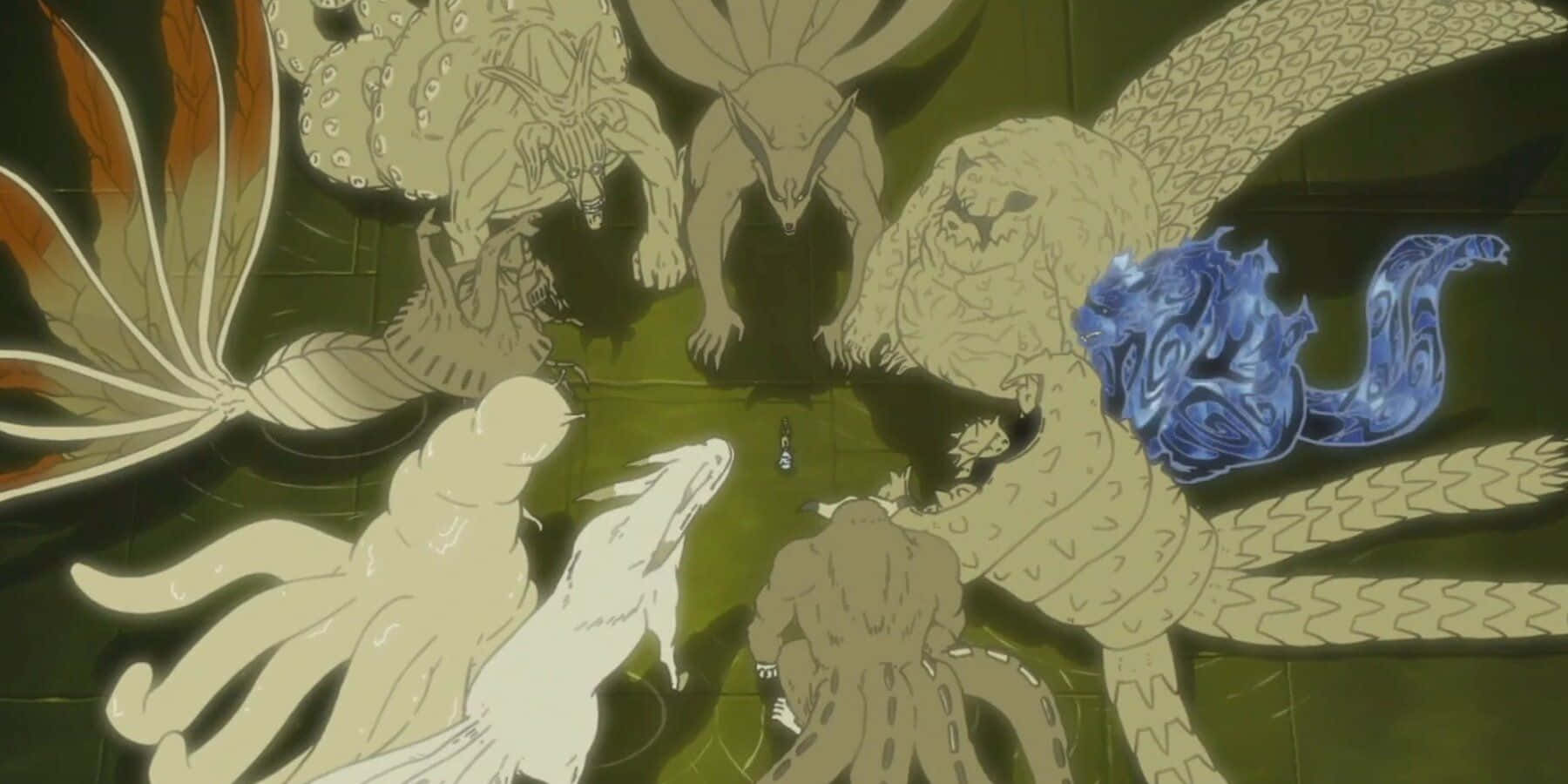 Tailed Beasts 桌布 壁紙 — 一個戲劇性的動漫場景顯示一個孤獨的人物被九隻巨大的尾獸包圍，尾獸帶有發光的藍色和橙色點綴，背景為深綠色。
