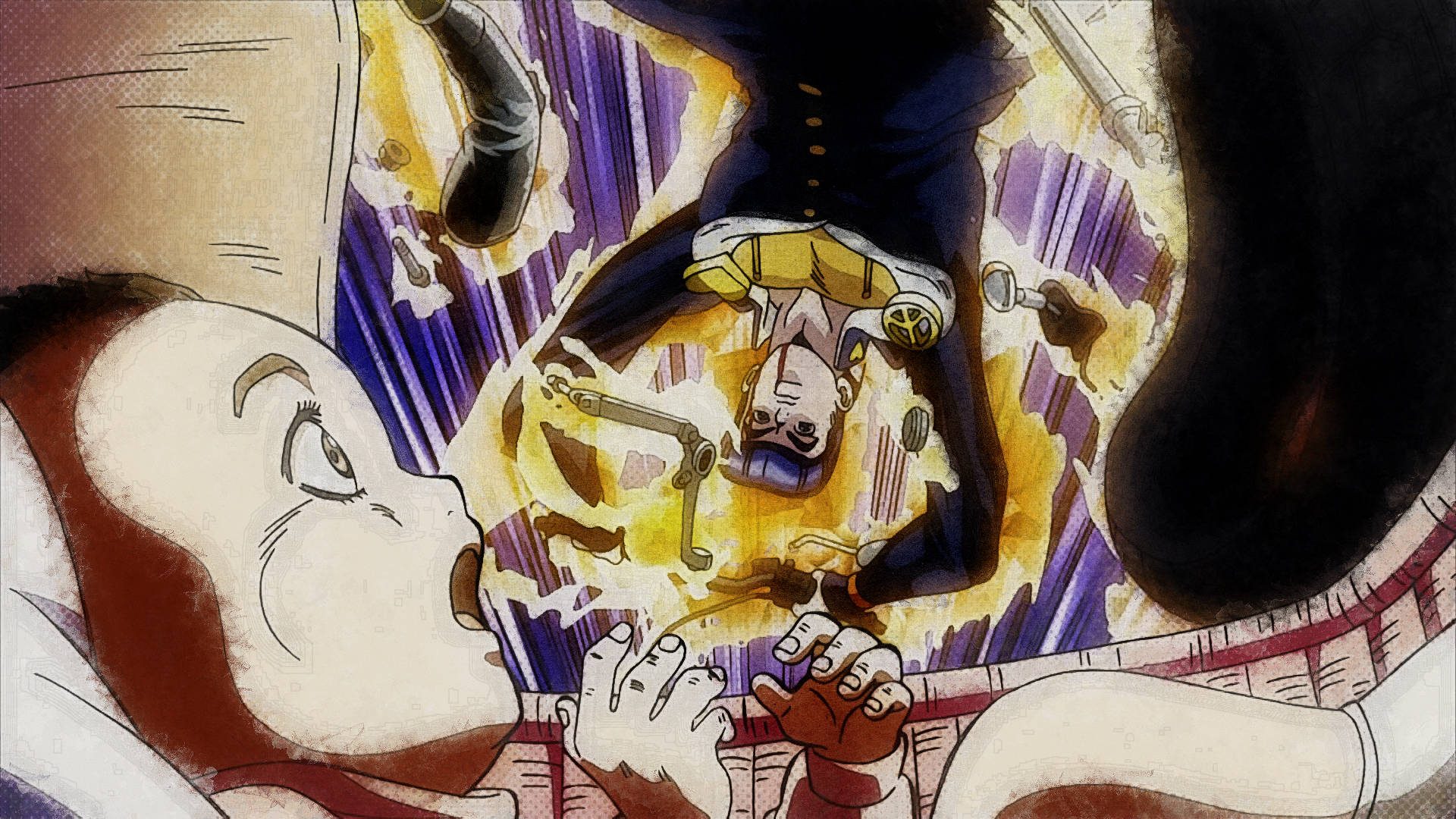 Josuke 桌布 壁紙 — 一個戲劇性的動漫場景顯示一個穿著藍色西裝的角色從火熱的爆炸中墜落，而另一個角色震驚地抬頭看。