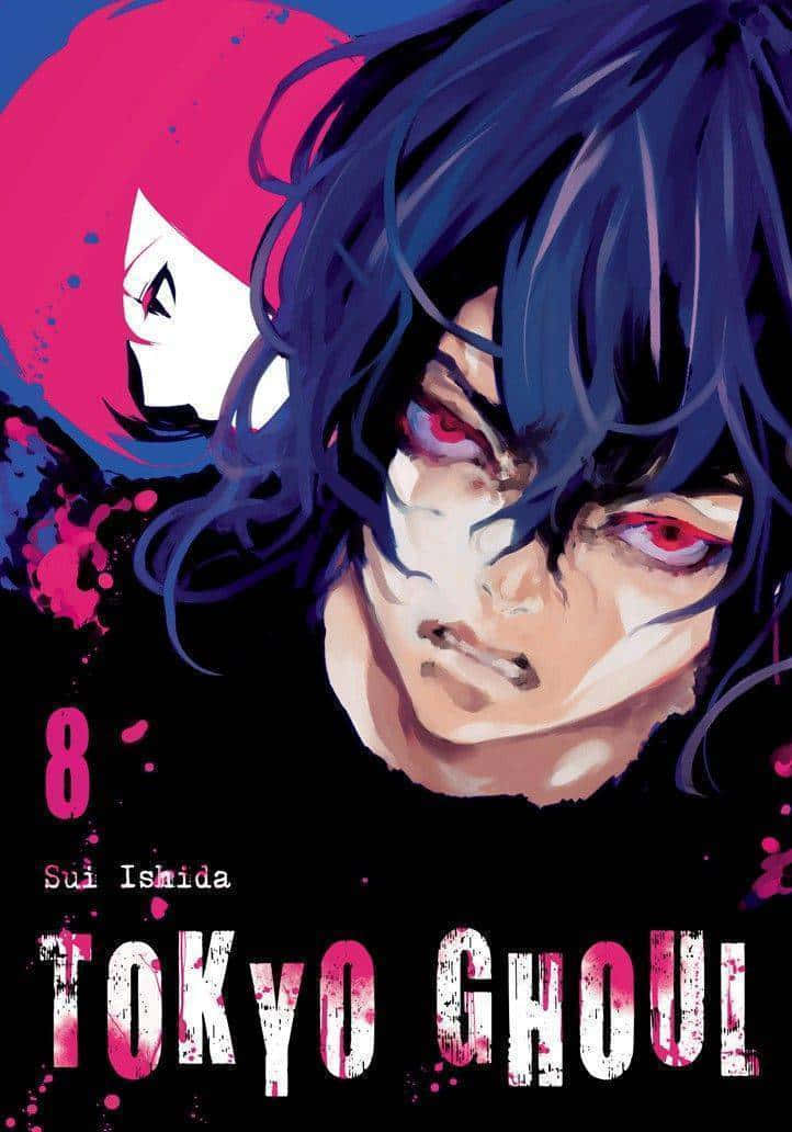 Sui Ishida 桌布 壁紙 — 一個戲劇性的動漫封面，描繪了一個黑髮紅眼角色和一個幽靈般的粉髮人物，背景為黑色並帶有粉紅色潑濺。