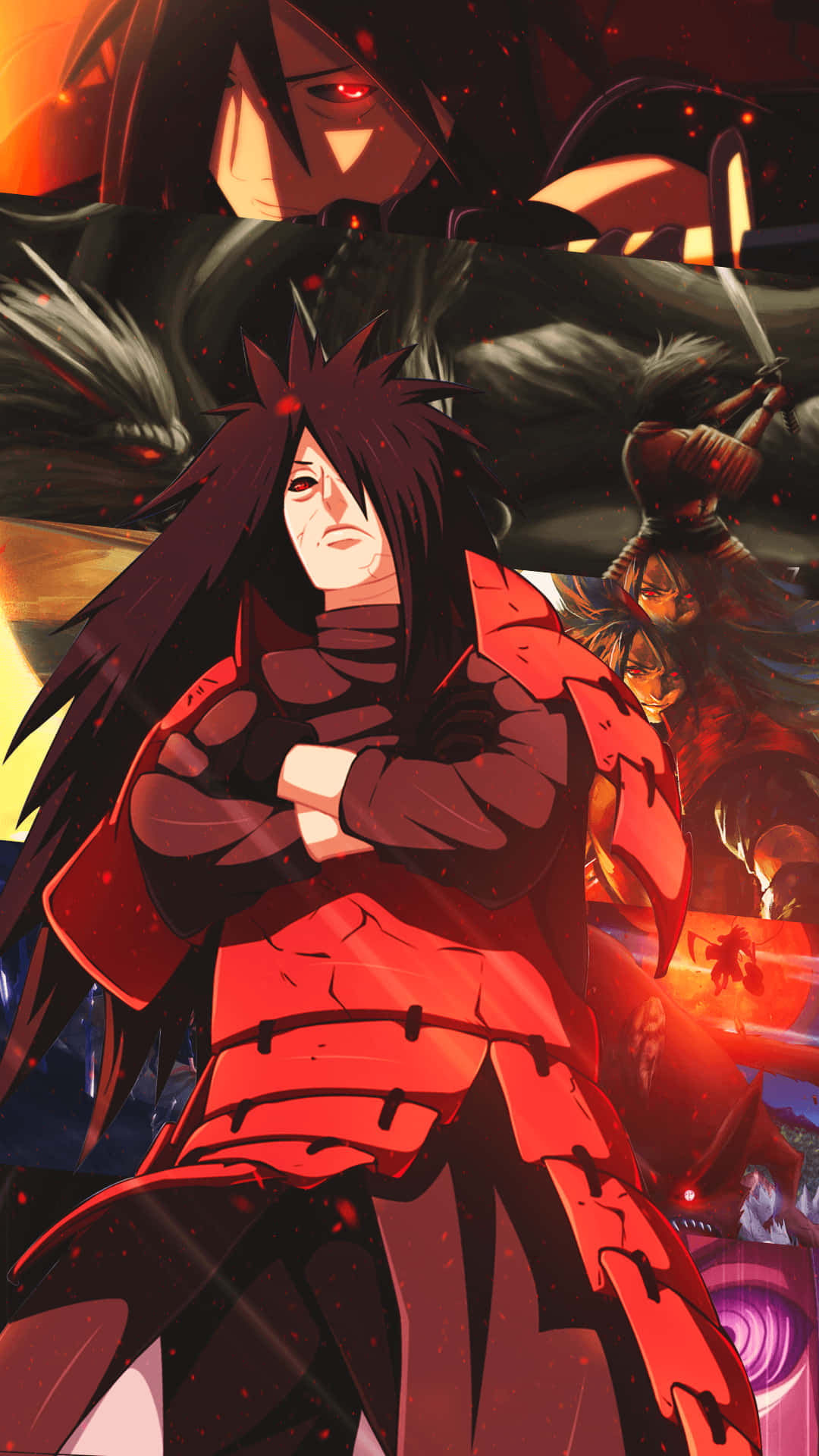 Madara Cool 桌布 壁紙 — 一個戲劇性的動漫戰士身穿紅色盔甲，交叉雙臂挑釁地站立，熾熱的紅色粒子在他周圍旋轉。