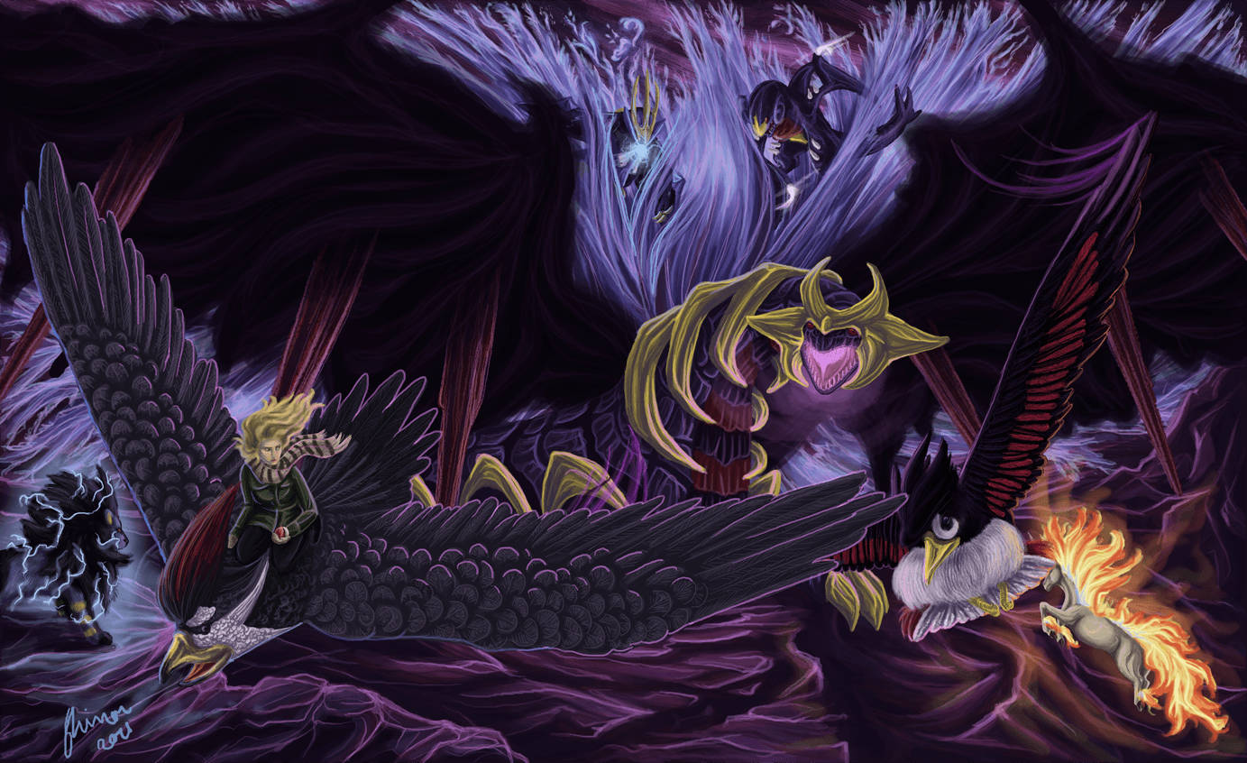 Giratina 桌布 壁紙 — 一個戲劇性的動漫戰鬥場景，金髮騎士騎著黑色烏鴉，在旋轉的紫色能量中對抗金色角惡魔。